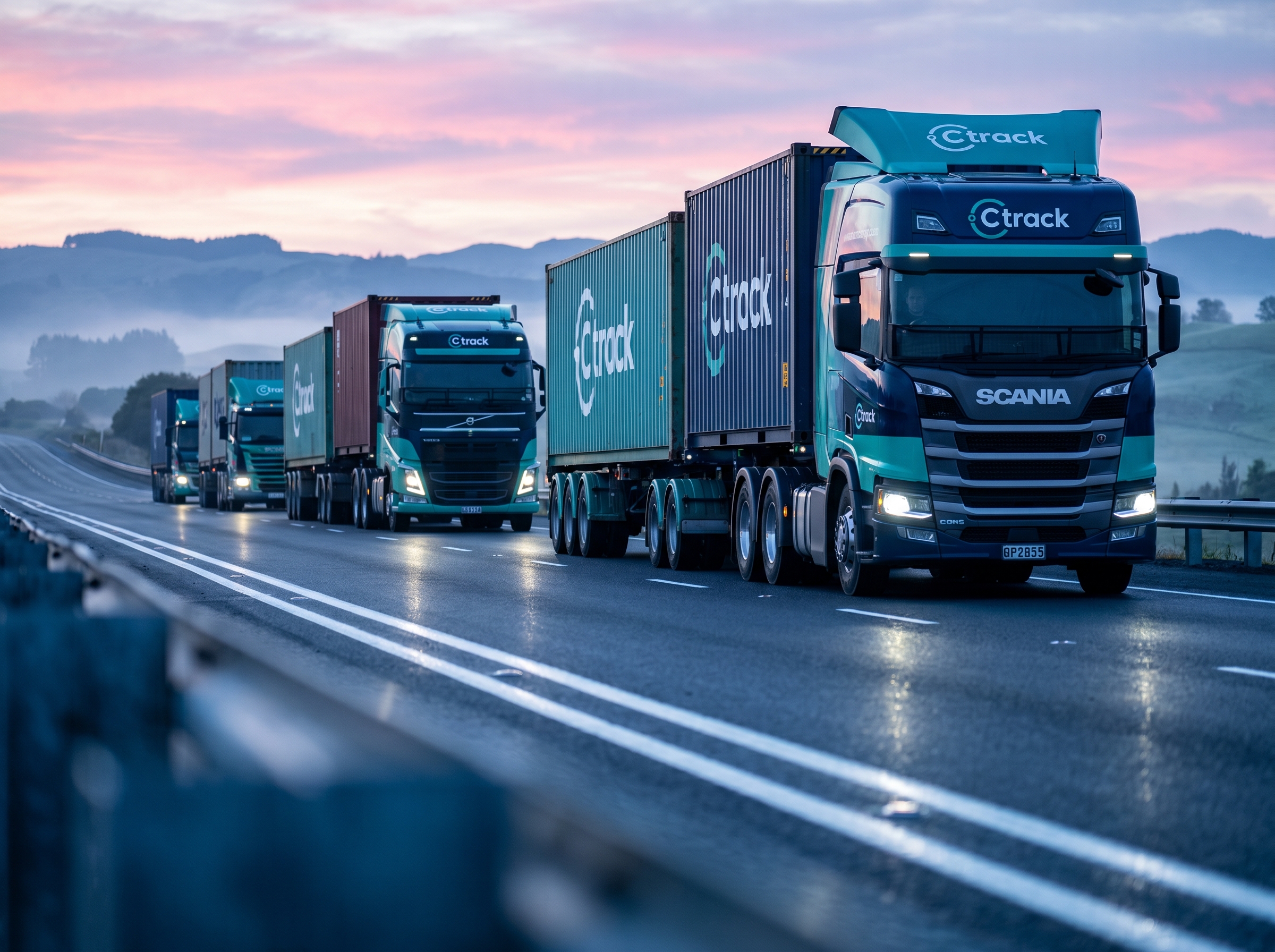 Ctrack-tracked freight trucks on a New Zealand motorway at dawn with soft pink light over the horizon
