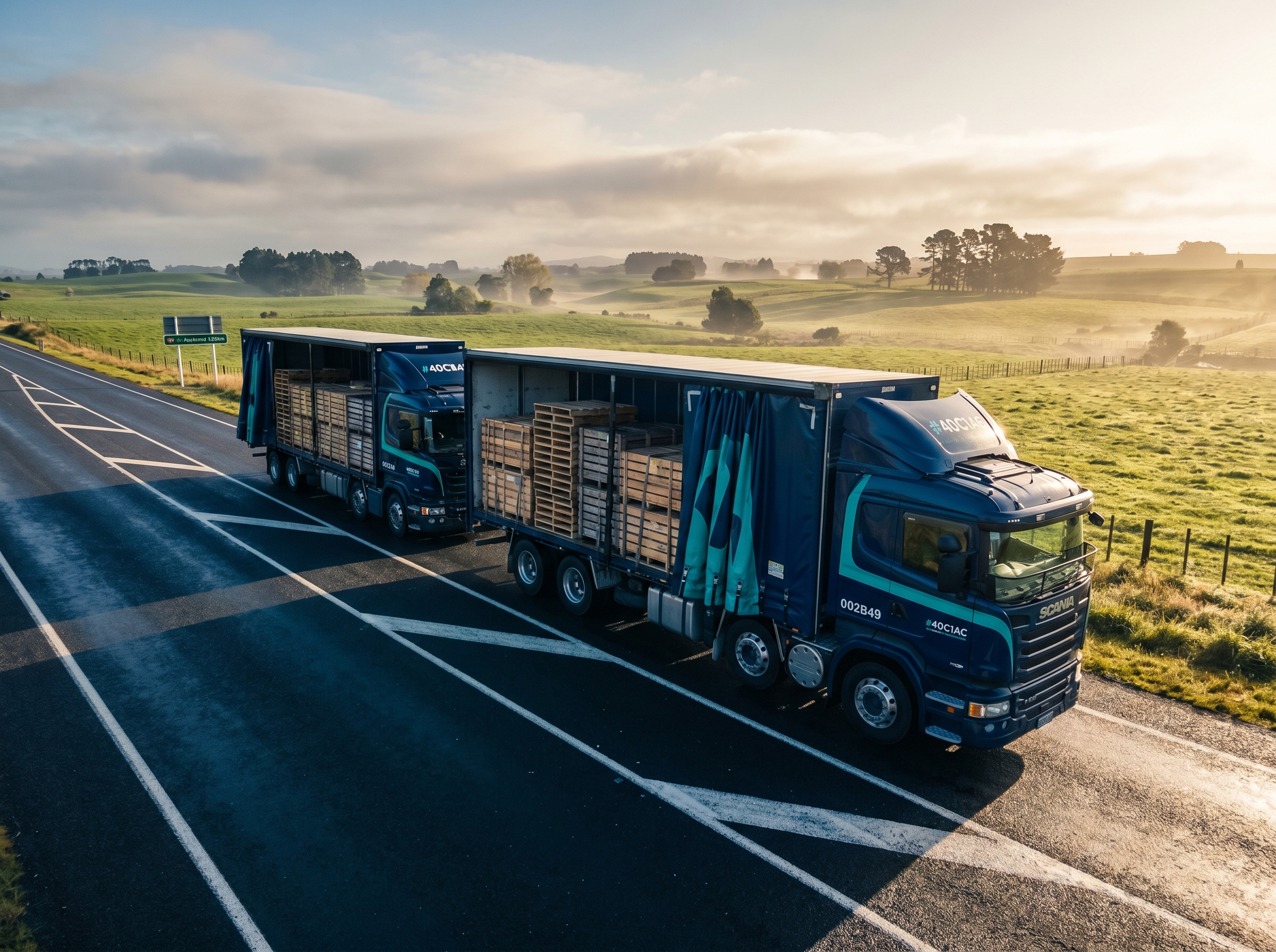 Articulated Ctrack-tracked freight trucks on State Highway 1 at sunrise through the Waikato countryside