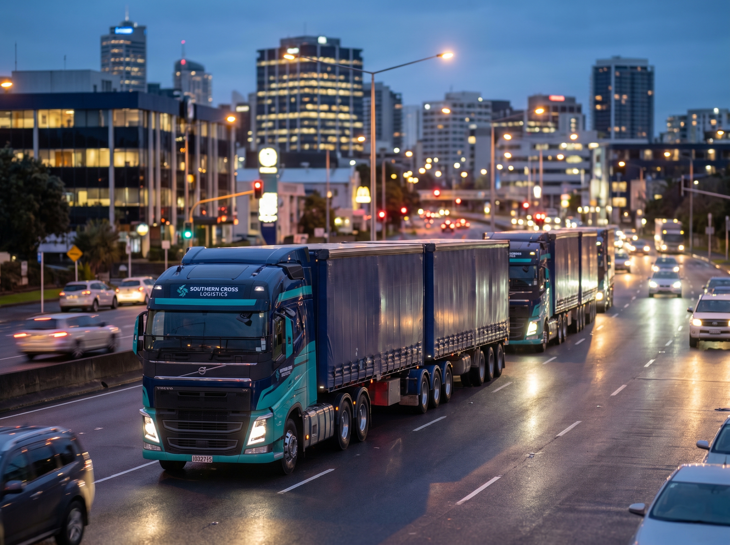Loaded freight trucks moving through a New Zealand urban arterial at dusk with city lights coming on
