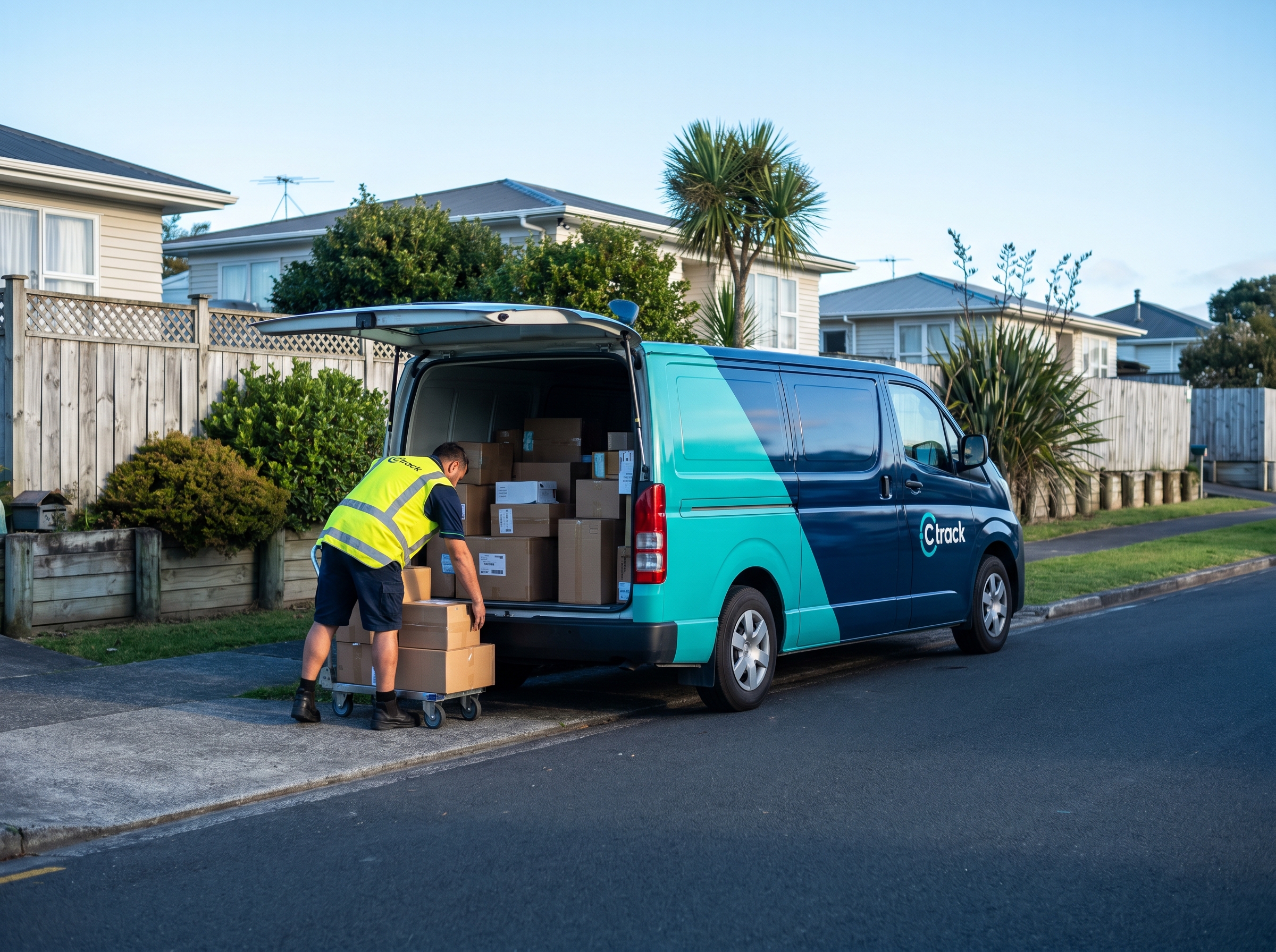 Ctrack-tracked last-mile delivery van at a suburban New Zealand kerb during morning drop-offs