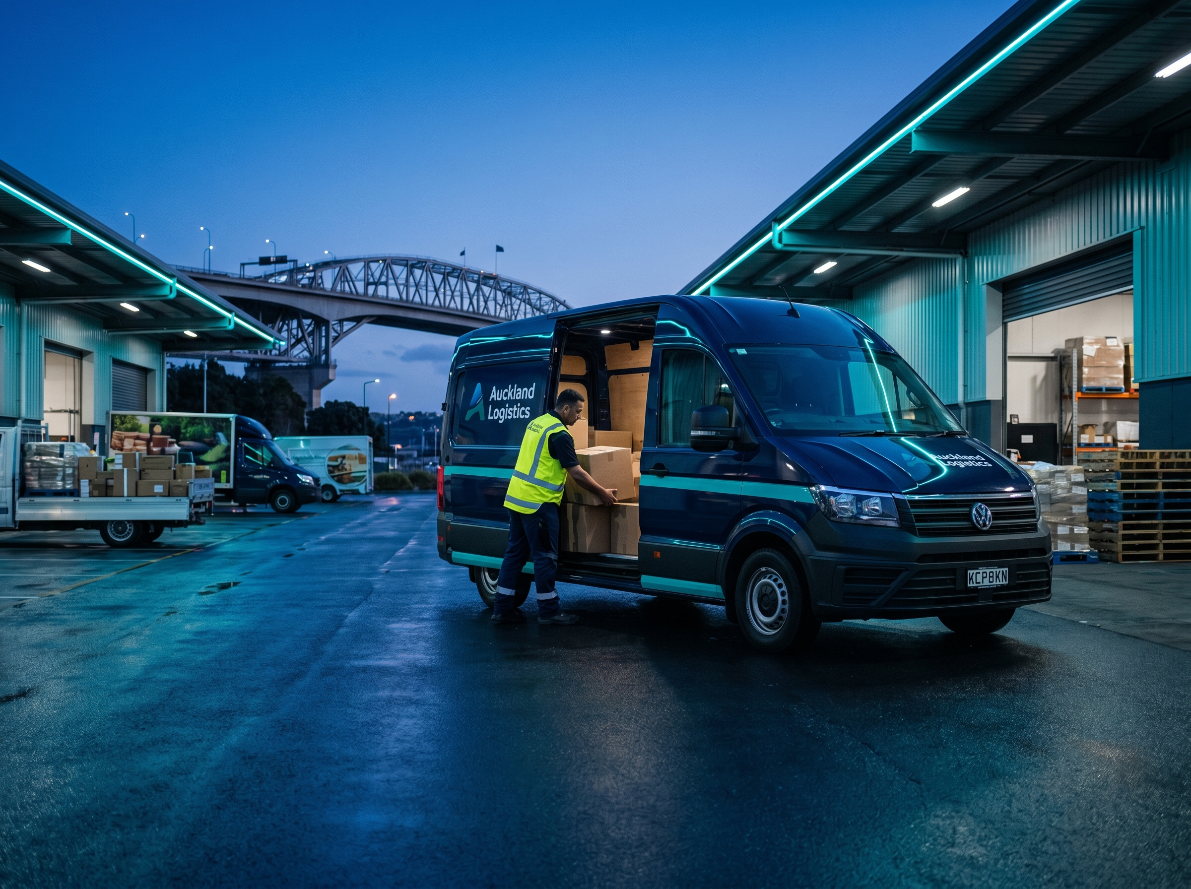 Ctrack-managed fleet van at an Auckland last-mile depot at dusk with the Harbour Bridge silhouette behind