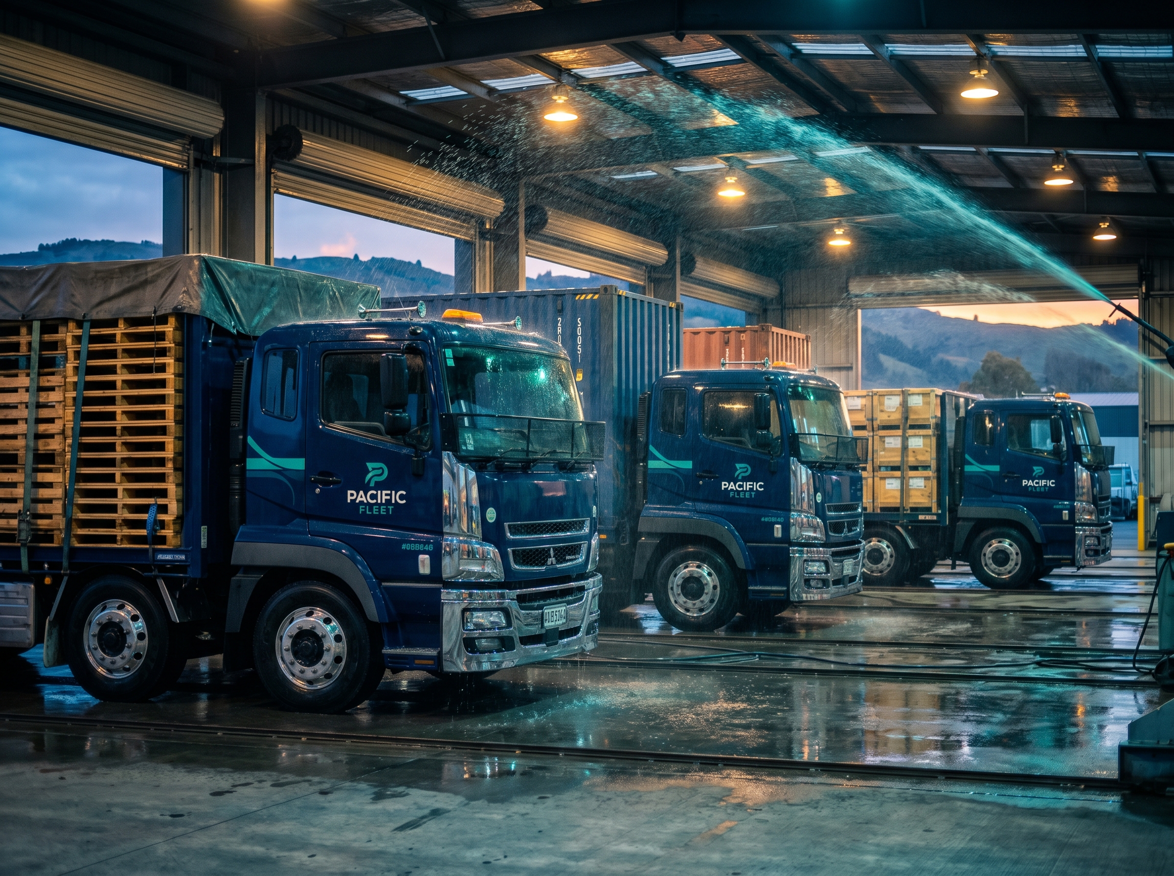Line of Ctrack-tracked freight trucks in a commercial wash bay at dusk with teal-tinted spray