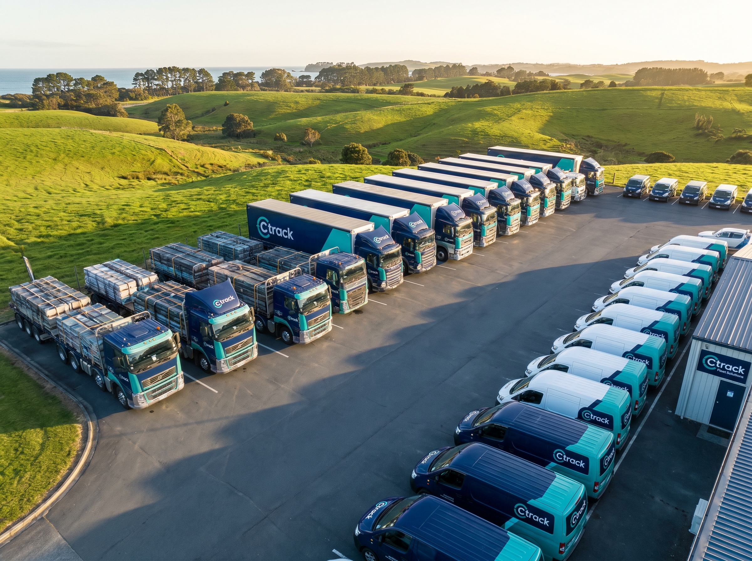 Drone-style aerial of a Ctrack-managed New Zealand fleet yard with trucks, trailers and vans laid out