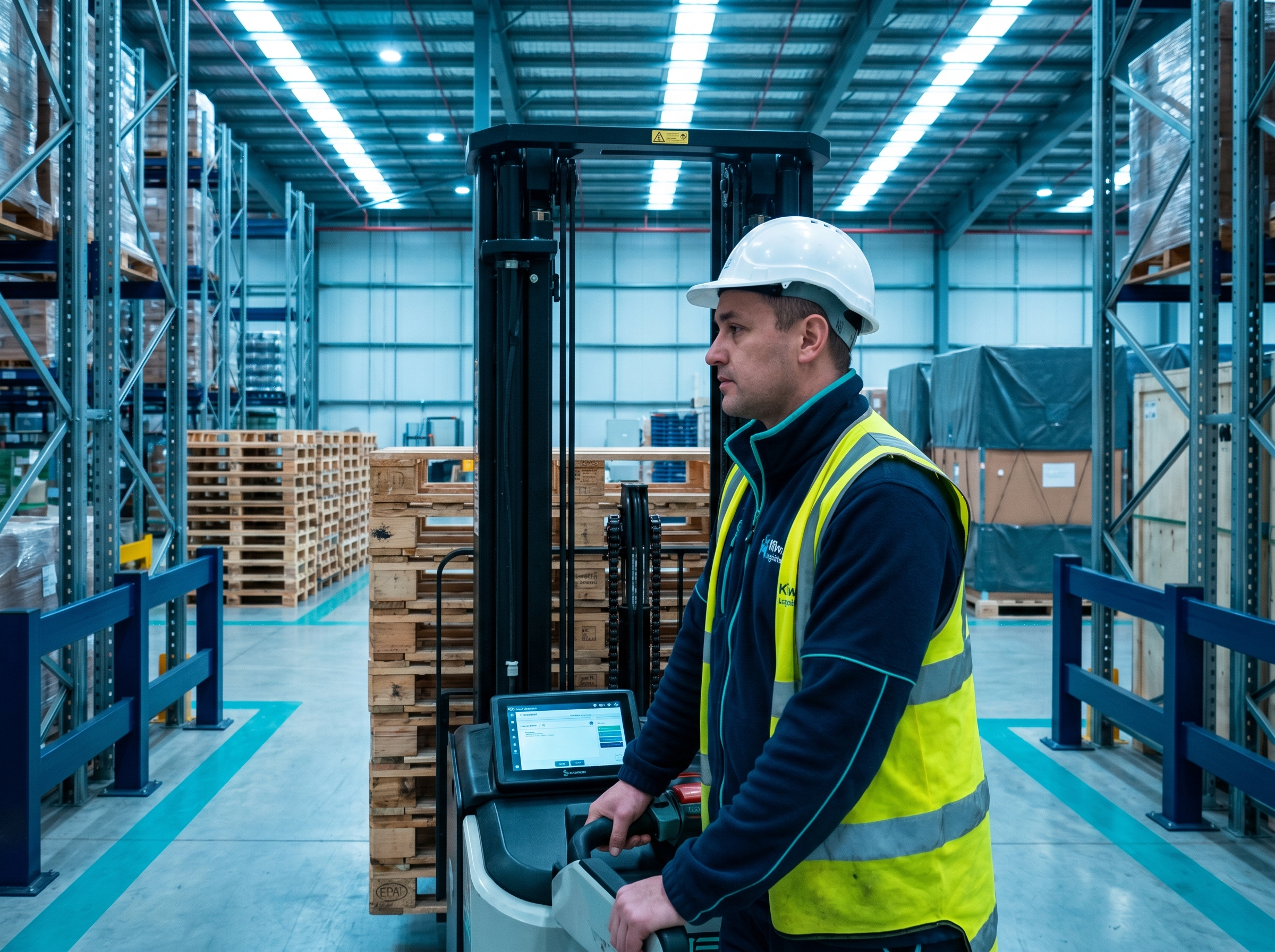 Forklift operator in hi-vis moving stacked pallets inside a clean high-bay New Zealand warehouse