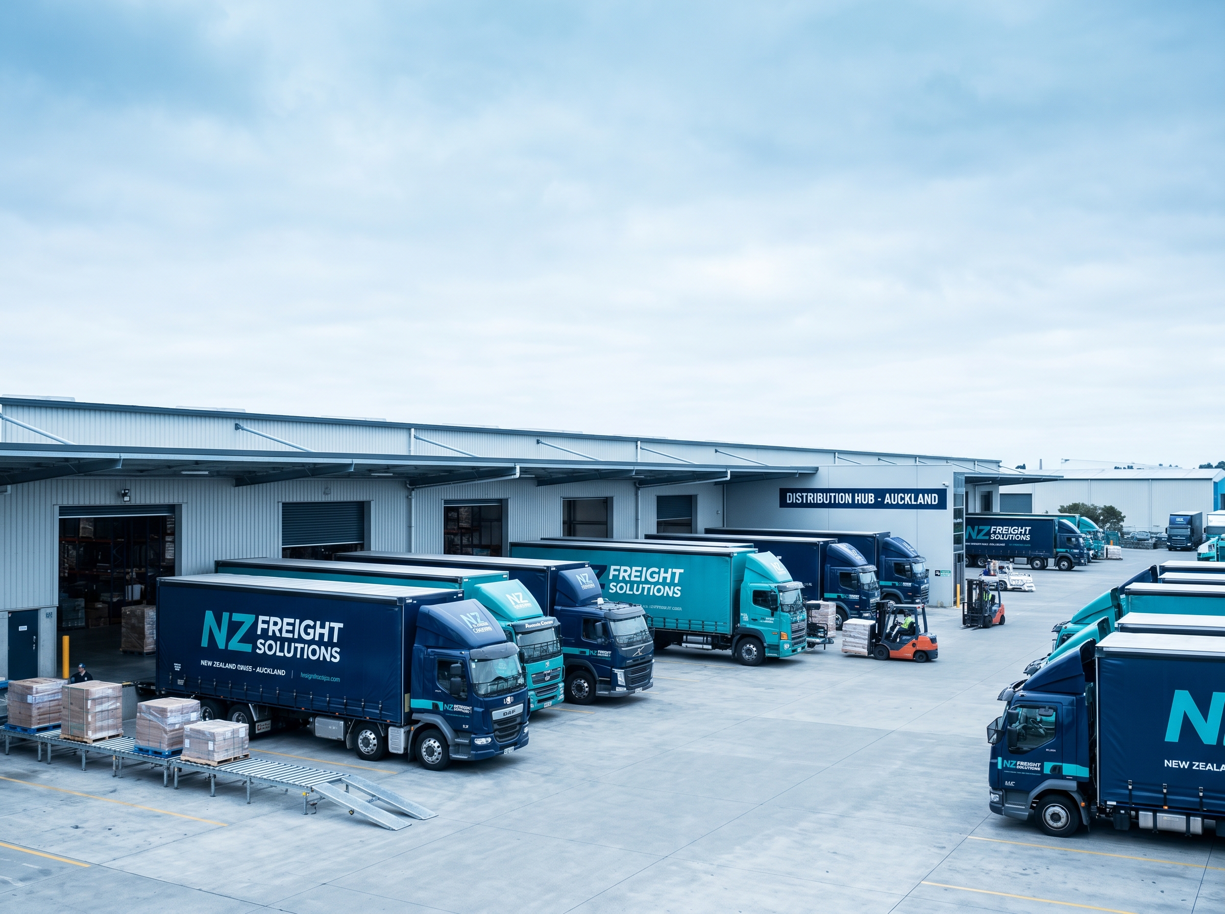 Wide view of a New Zealand freight distribution centre with curtain-siders docked and pallets moving
