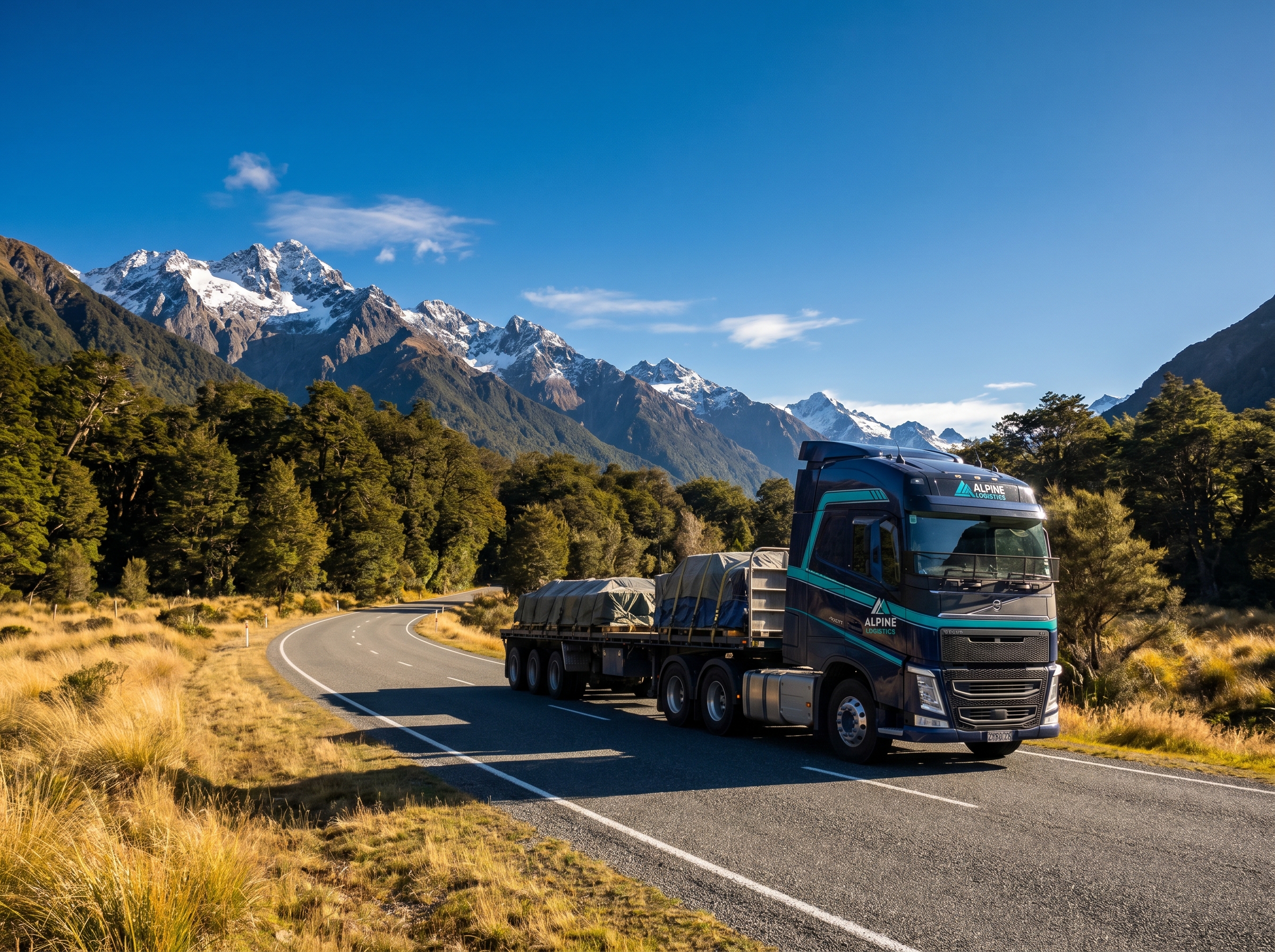 Fleet truck on a Southern Alps state highway with mountain peaks and bush visible