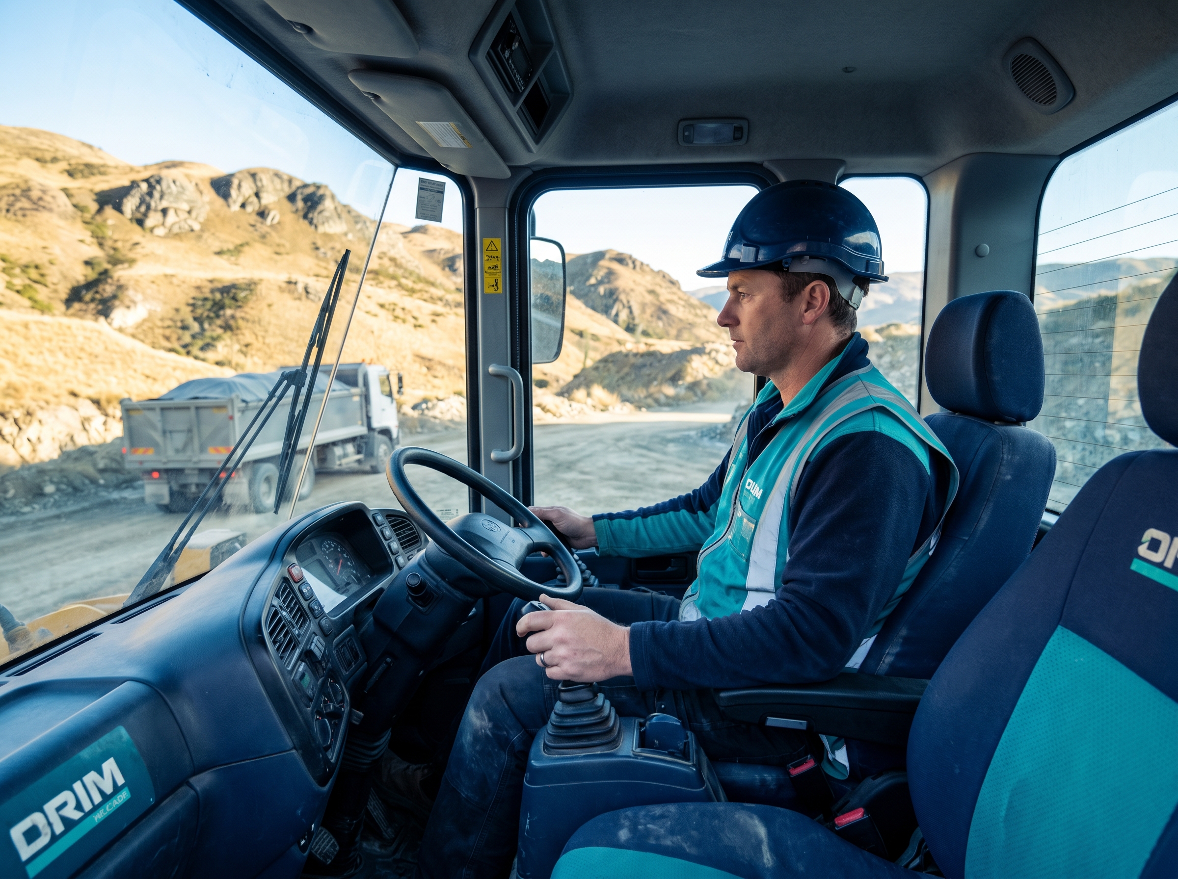 Plant operator in the cab of a wheel loader at a quarry with South Island terrain beyond
