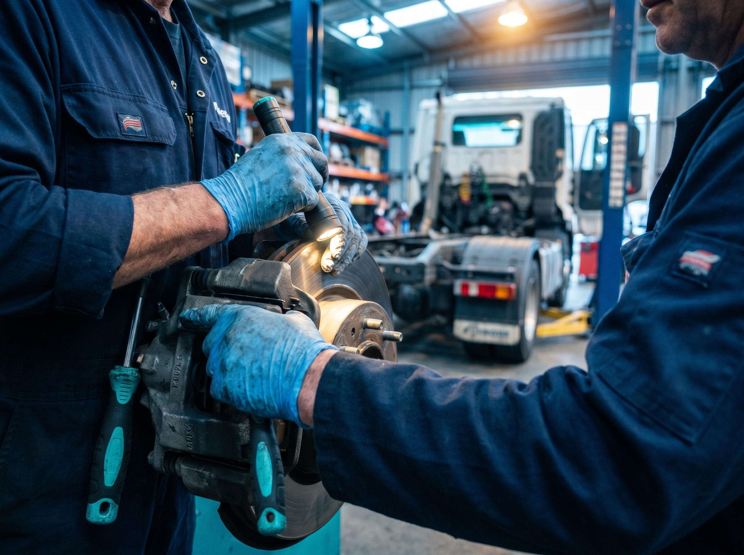 Mechanic's hands inspecting a truck brake assembly with a torch in a New Zealand workshop