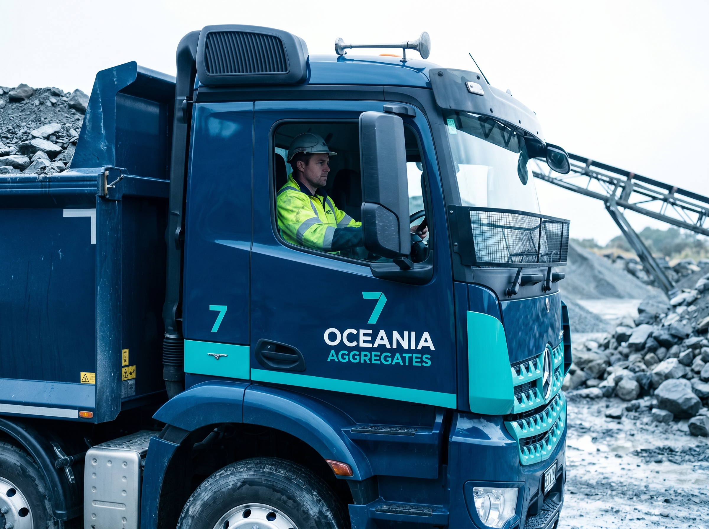 Close-up of a haul truck at a New Zealand aggregate operation with the operator visible in the cab