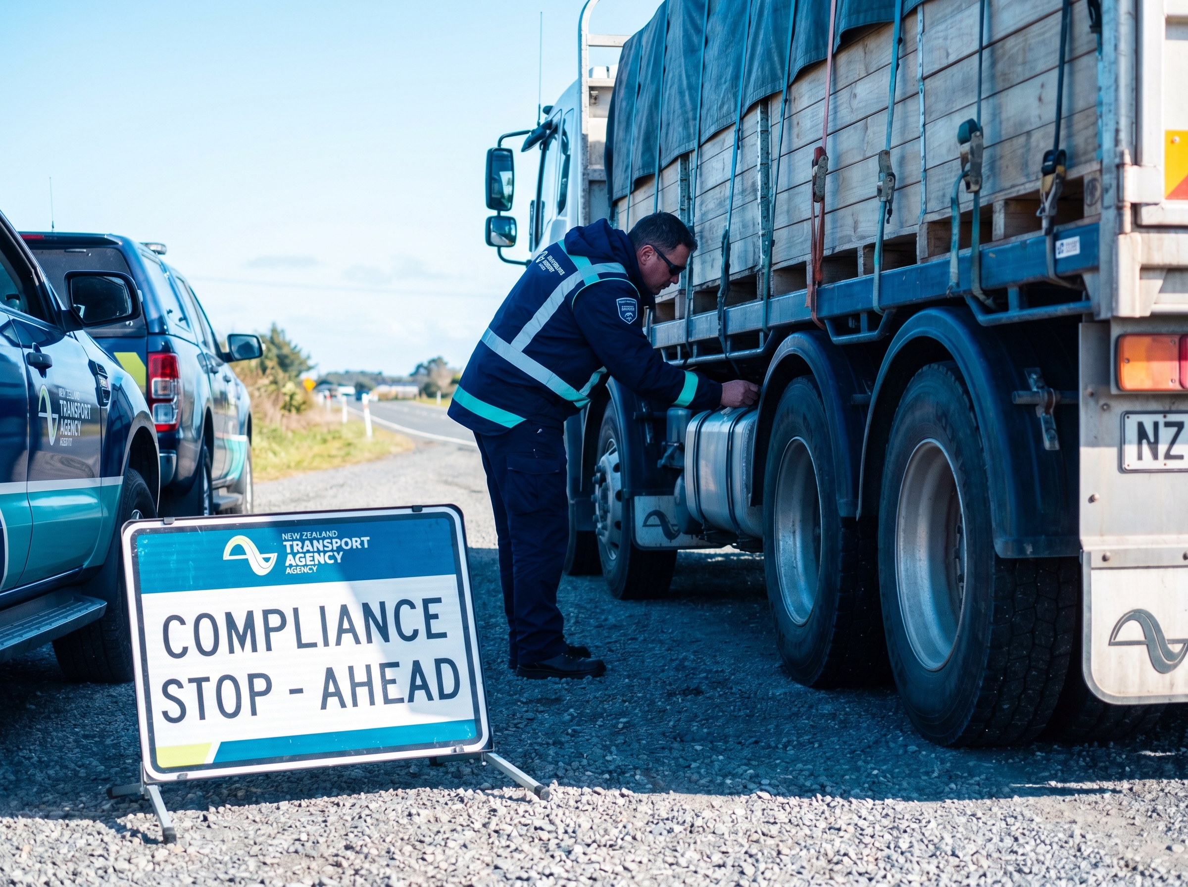 NZTA roadside inspector checking a freight truck at a compliance stop
