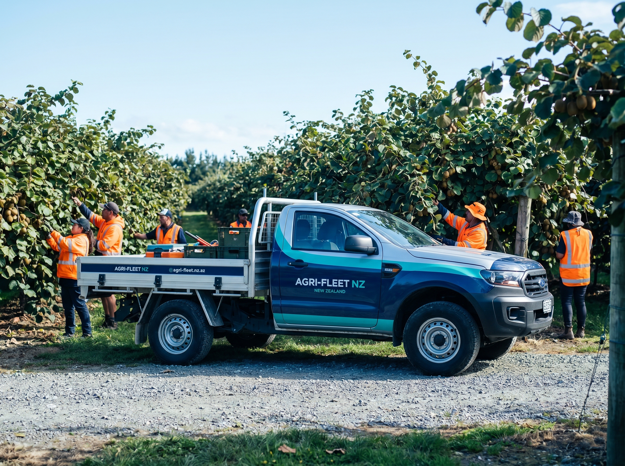 Fleet utility vehicle parked in a New Zealand kiwifruit orchard with workers in hi-vis