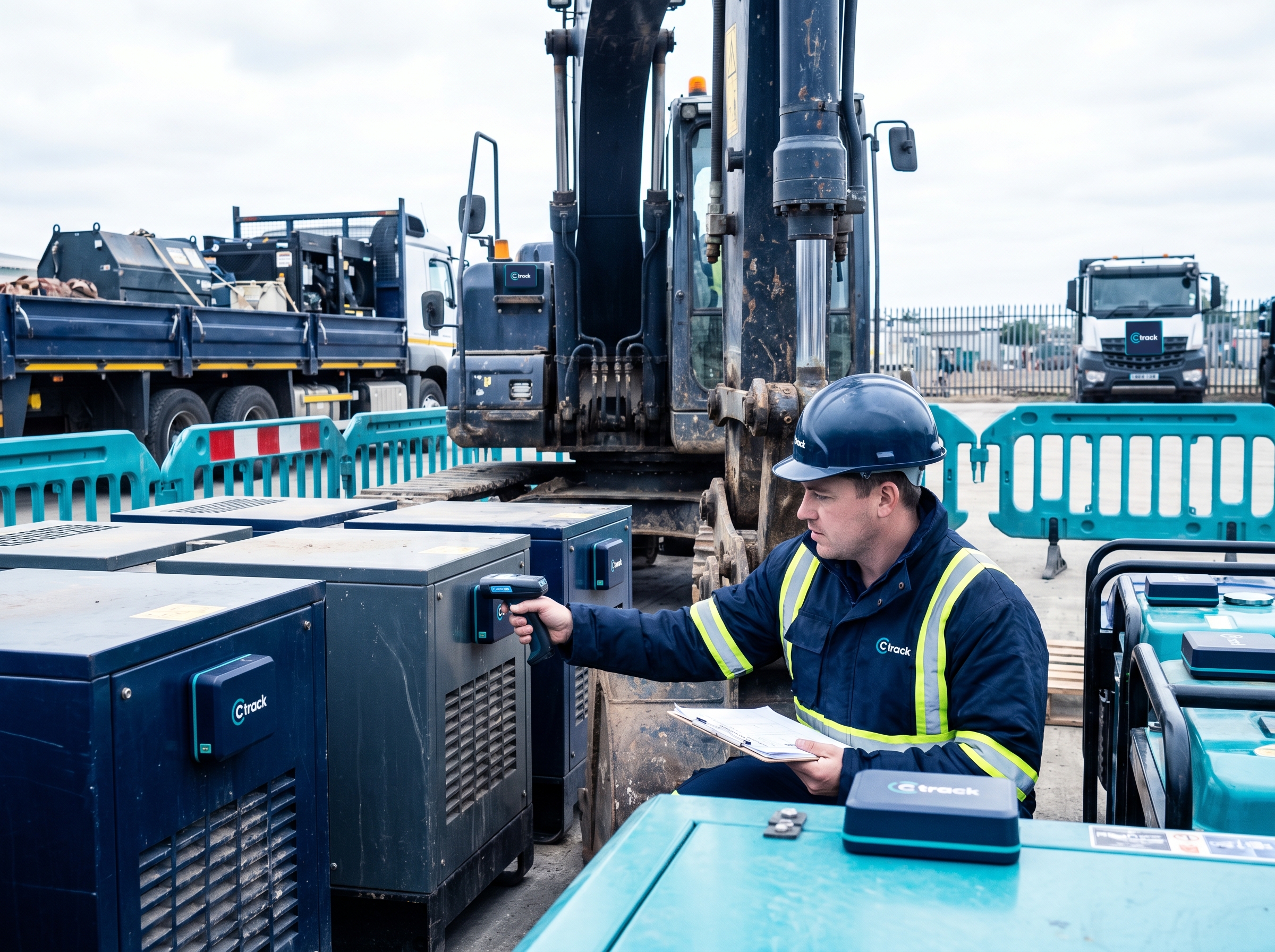 Fleet plant equipment stored in a compound with Ctrack asset trackers mounted