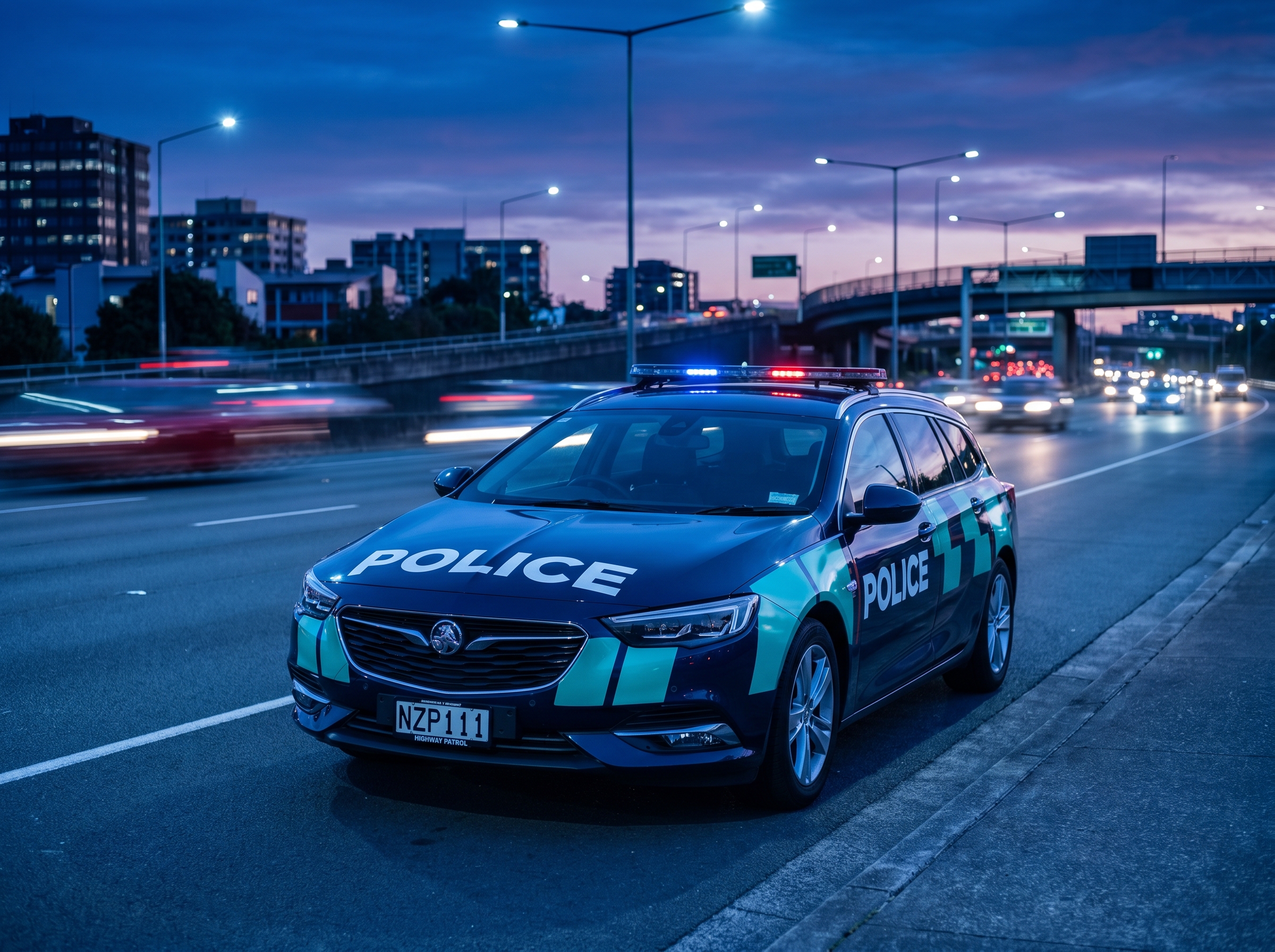 New Zealand police highway patrol vehicle on an urban motorway at twilight
