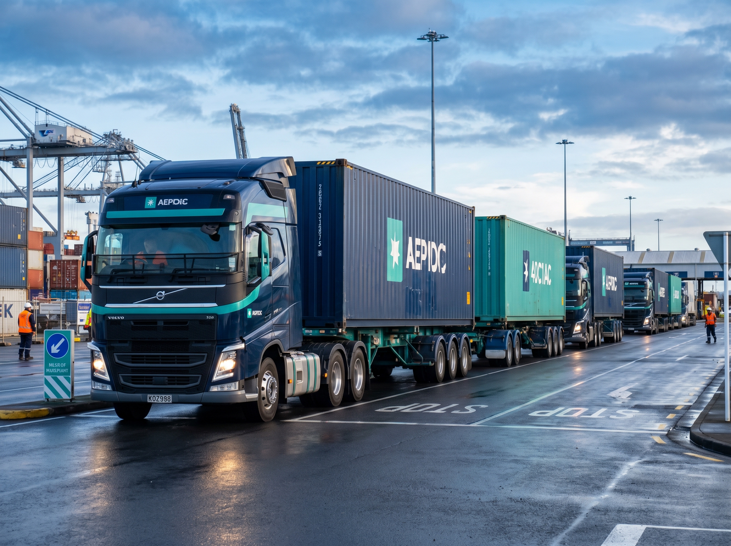 Container skeletal trucks queued at a New Zealand port gate in morning light