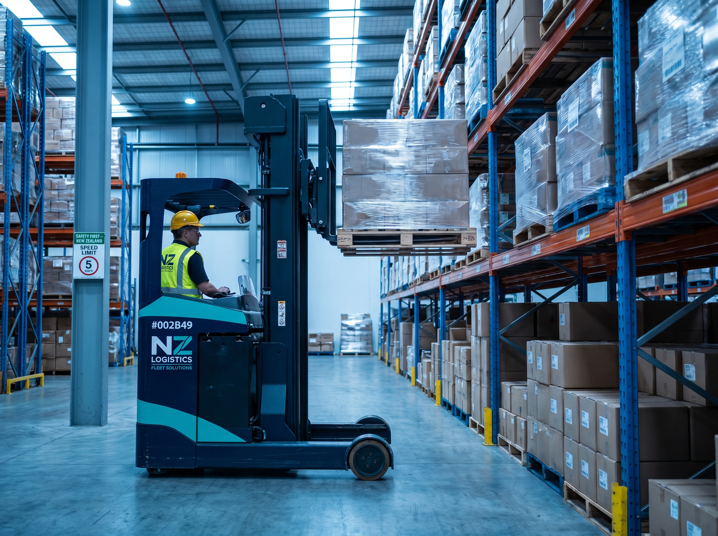 Reach truck operating in a high-bay warehouse racking aisle in New Zealand