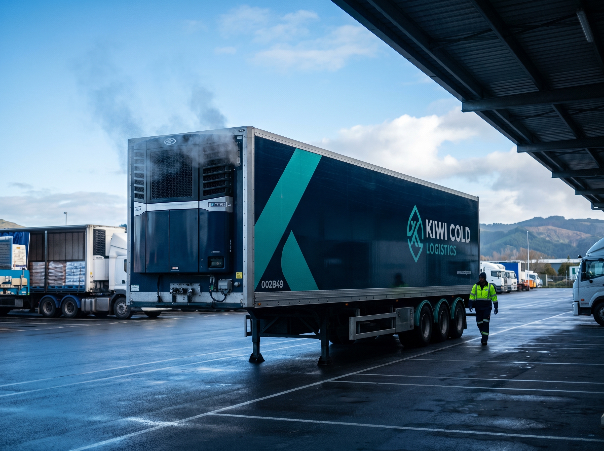 Refrigerated trailer parked at a cold-chain depot with the fridge unit running