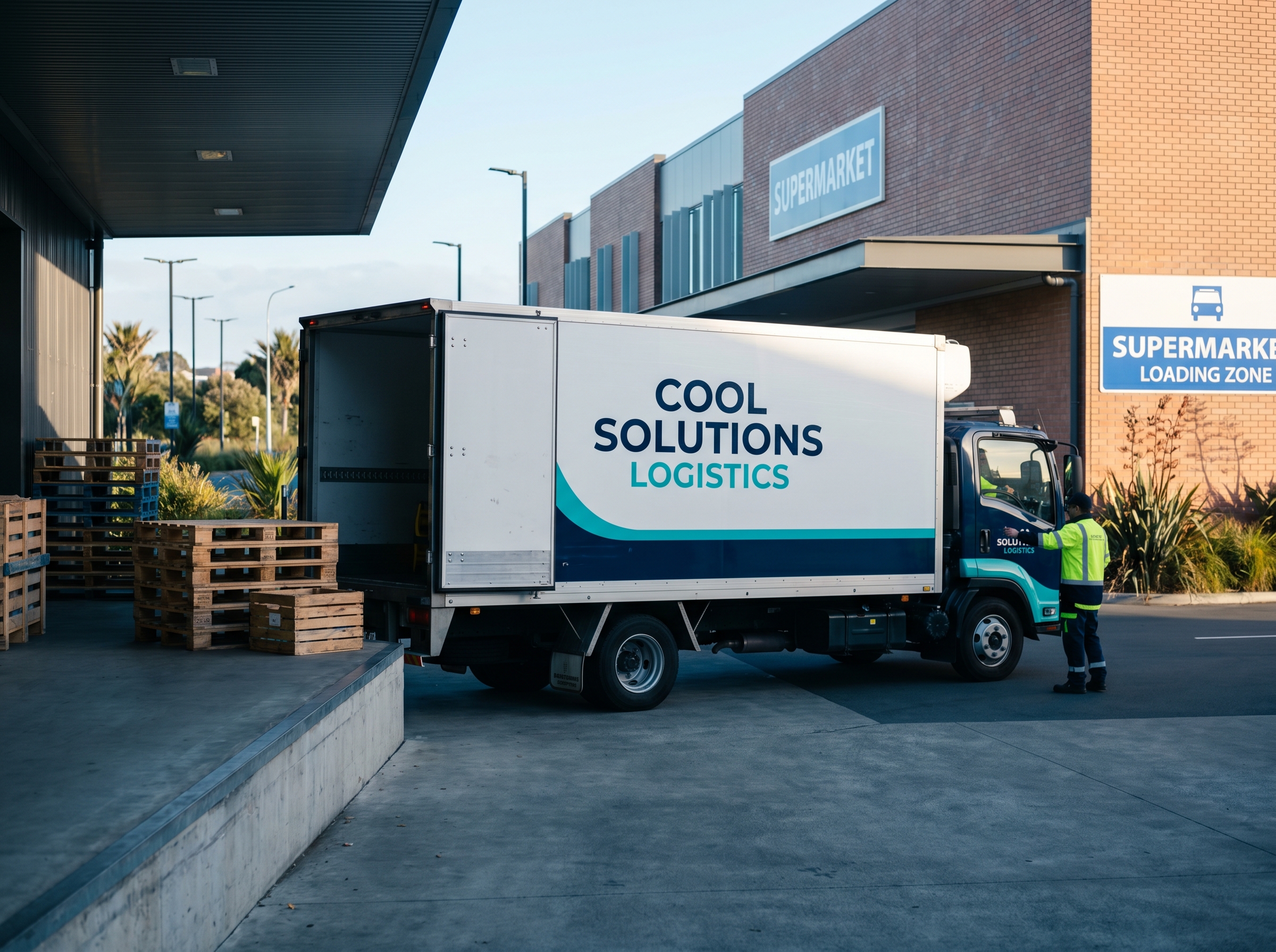 Refrigerated rigid truck reversing to a supermarket loading dock in a New Zealand urban setting