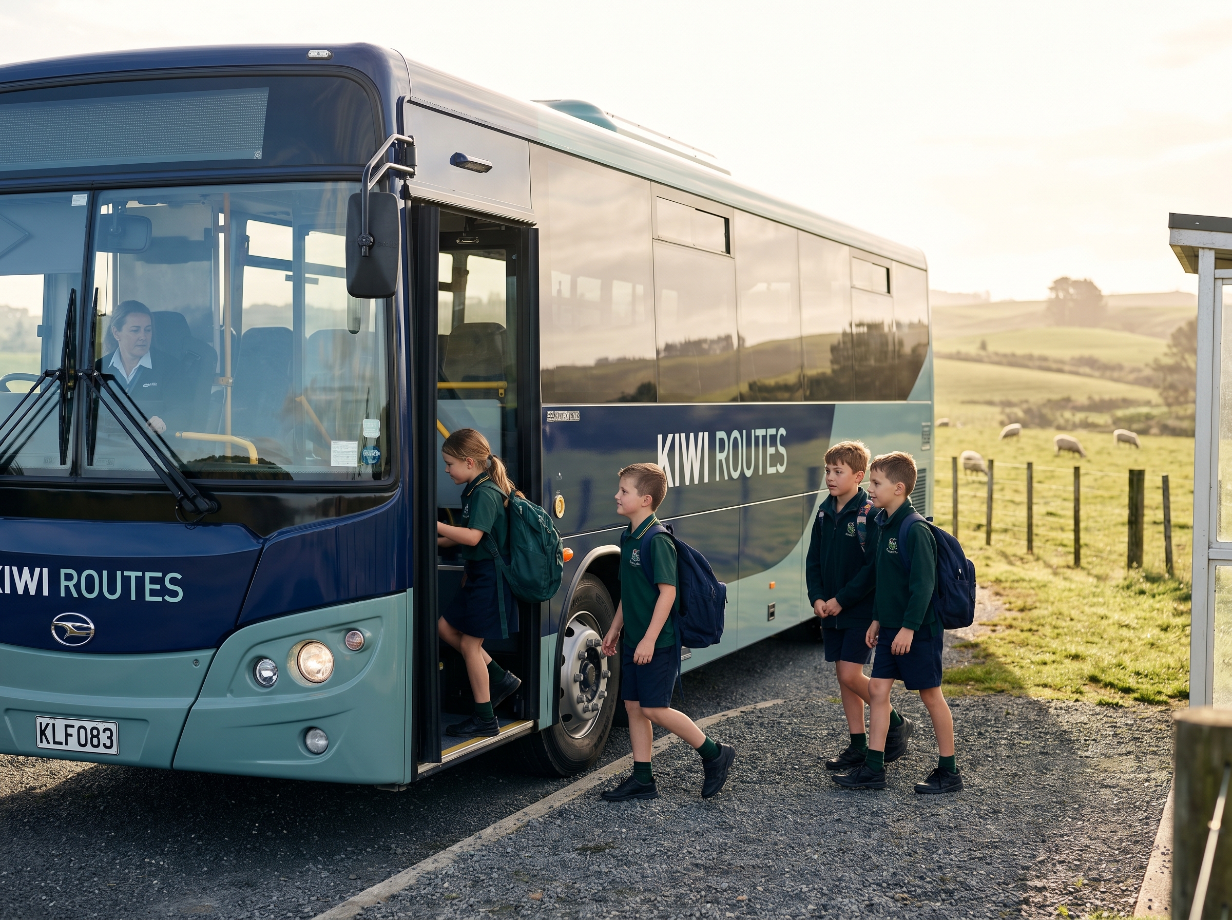 School bus at a rural New Zealand stop with farmland and children boarding