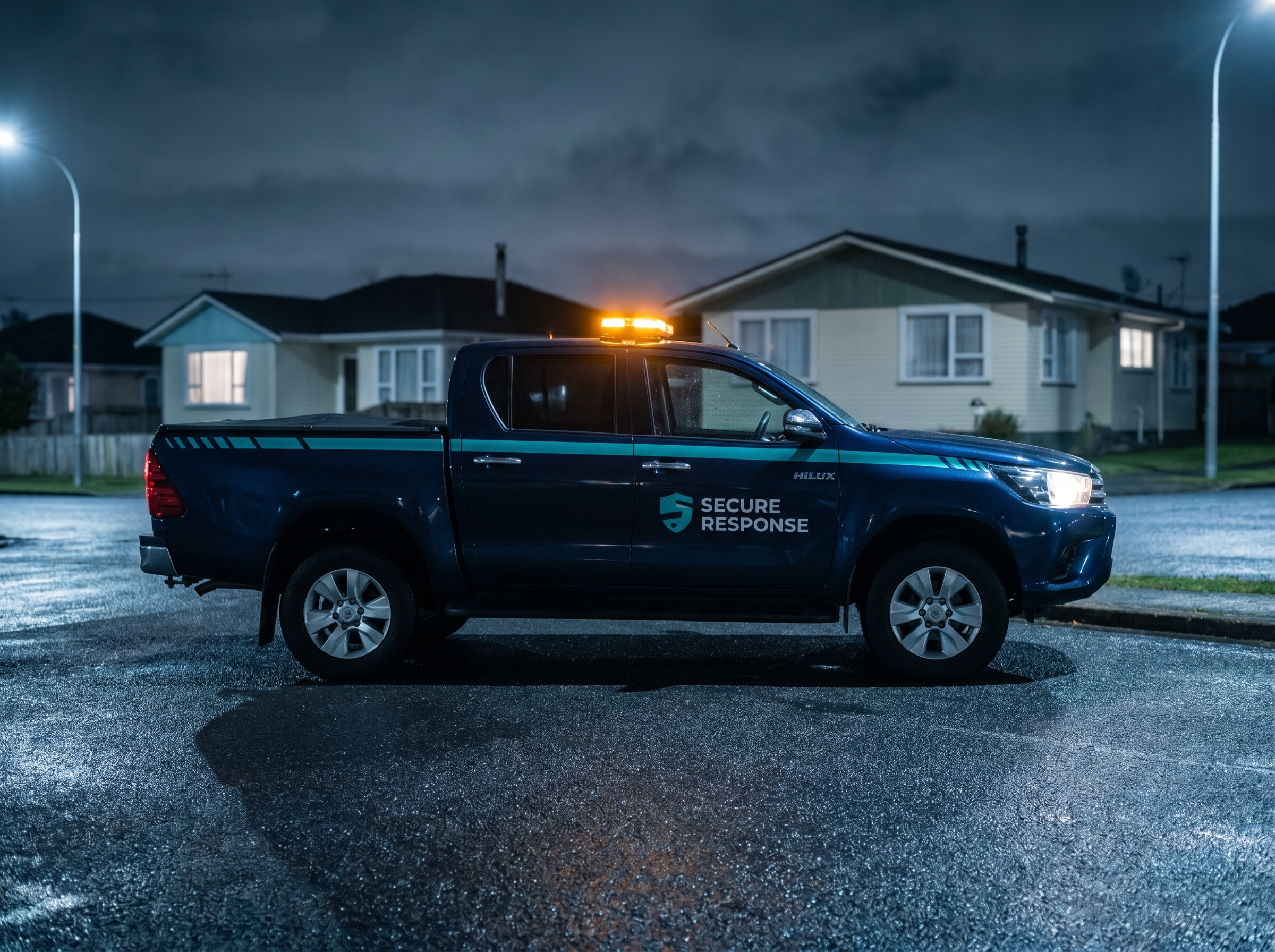 Security company response vehicle on a New Zealand suburban road at night