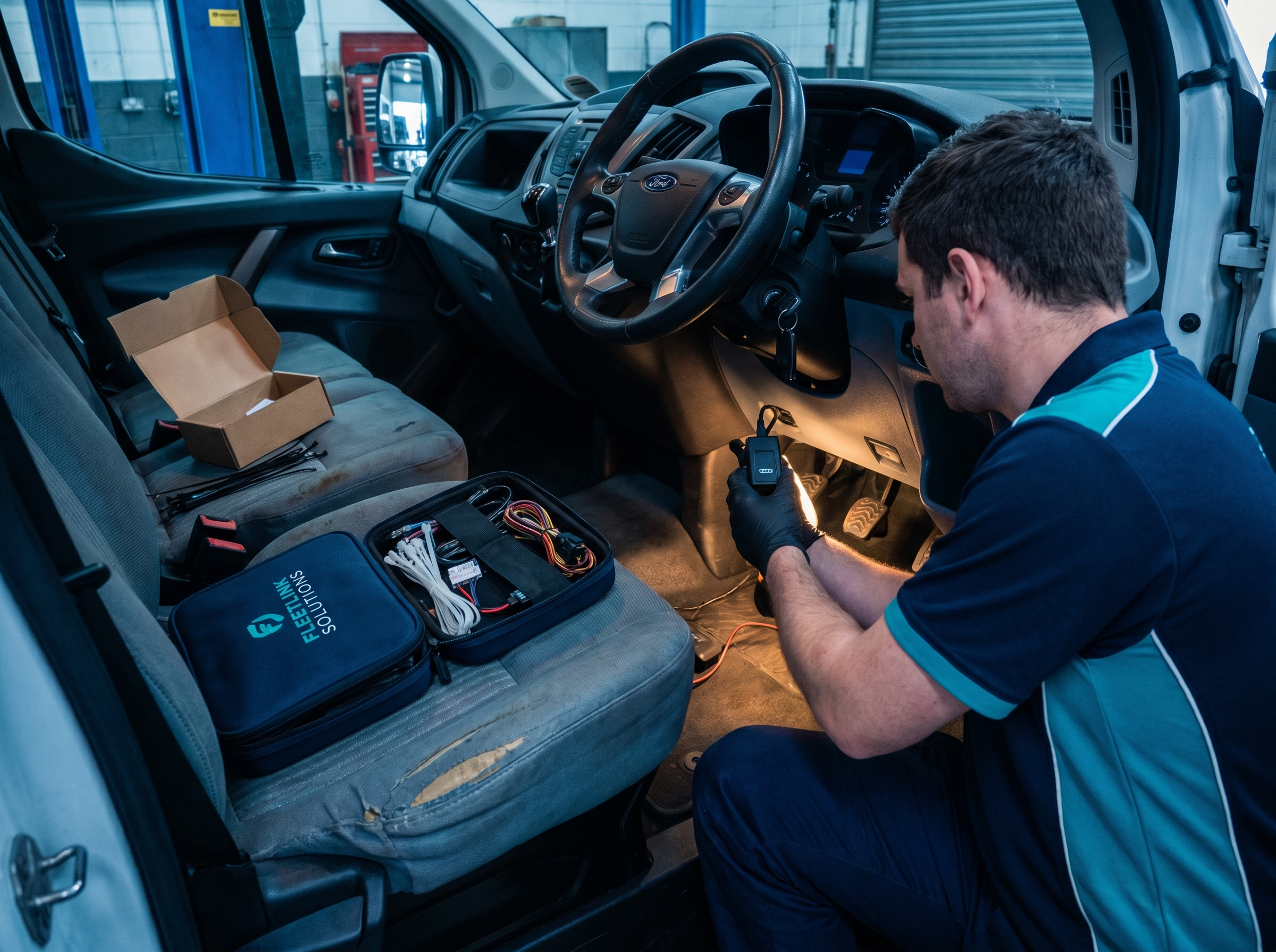 Uniformed Ctrack technician installing a GPS tracker under a vehicle dashboard with installation parts on the passenger seat