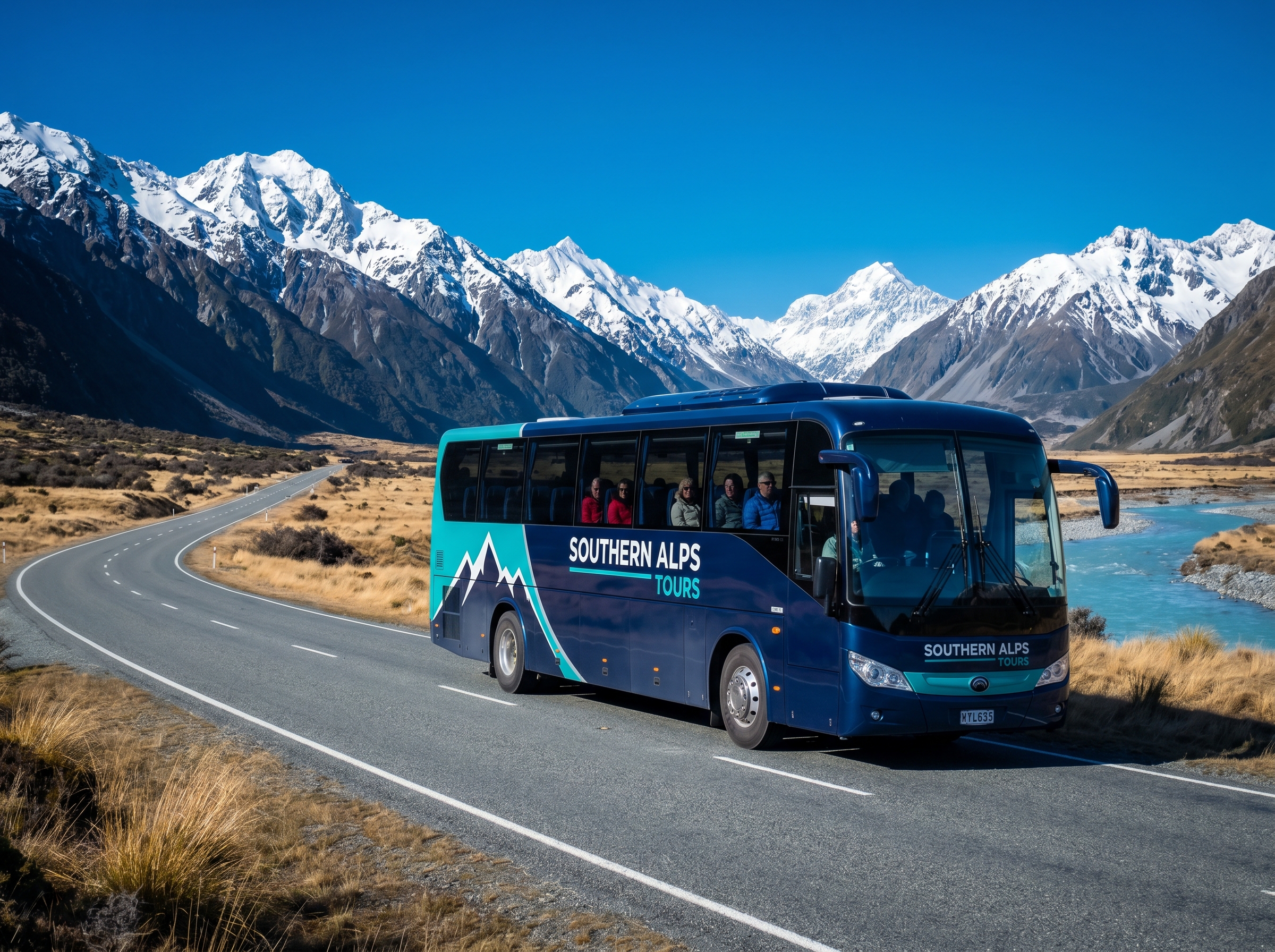 New Zealand tour coach on a South Island highway with alpine scenery beyond
