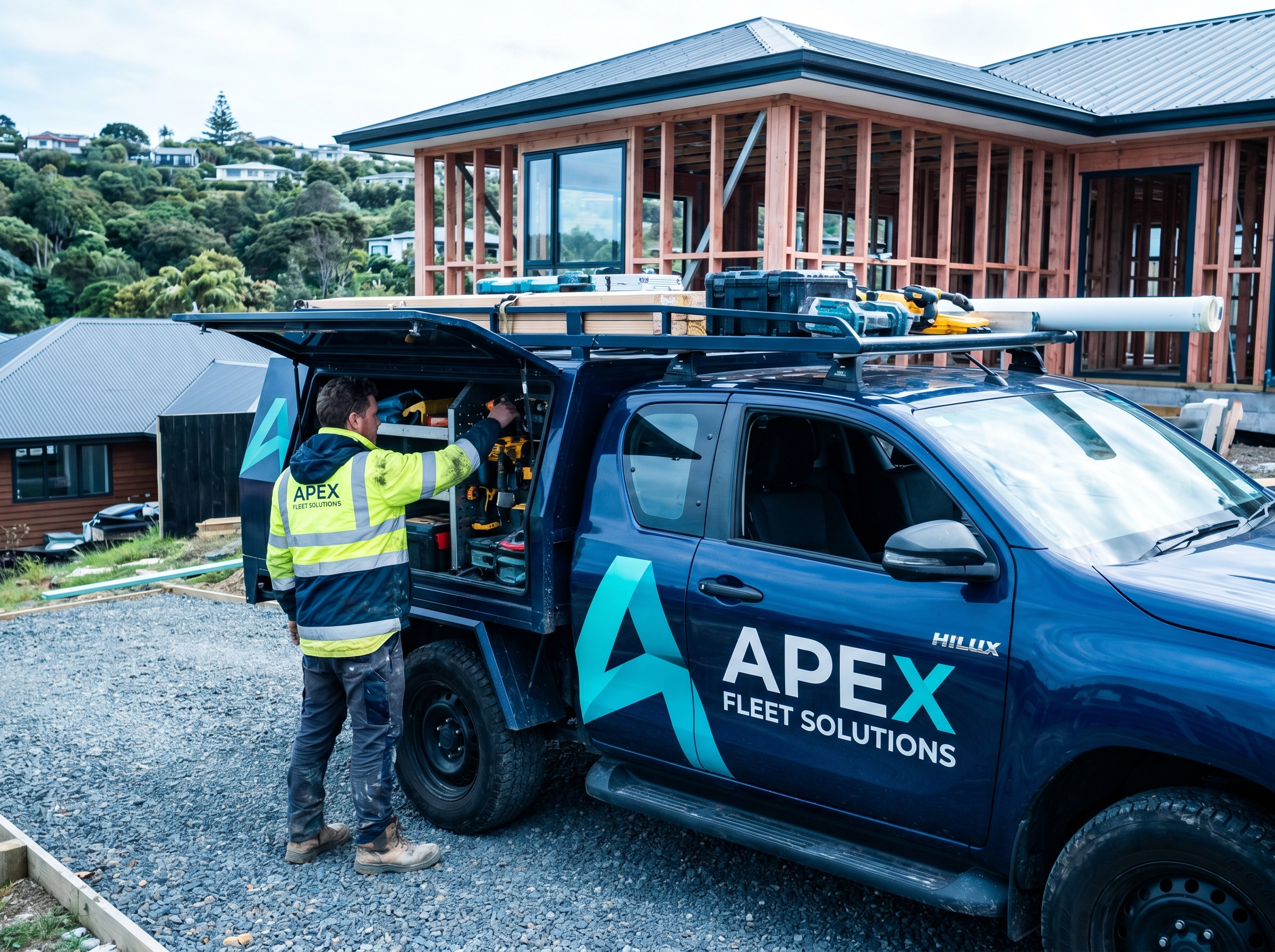 Tradesperson's Hilux ute at a New Zealand residential job site with tools on the canopy