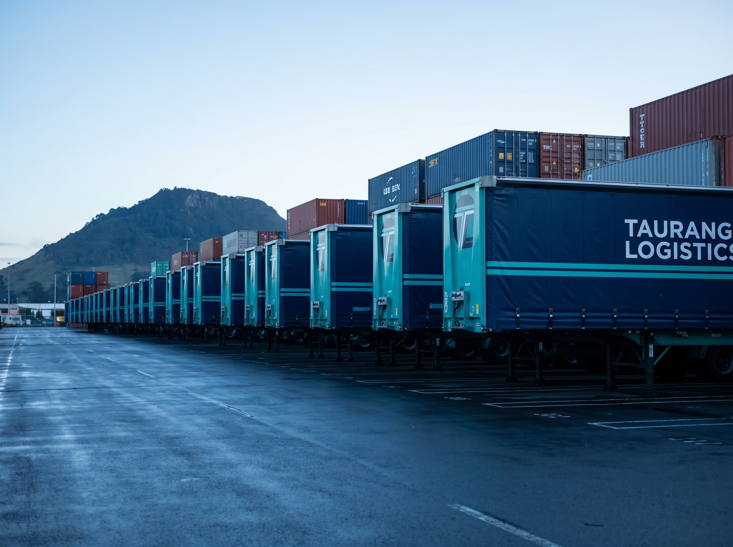 Curtain-sider trailers lined up at a Port of Tauranga yard at dawn with Mount Maunganui in the distance