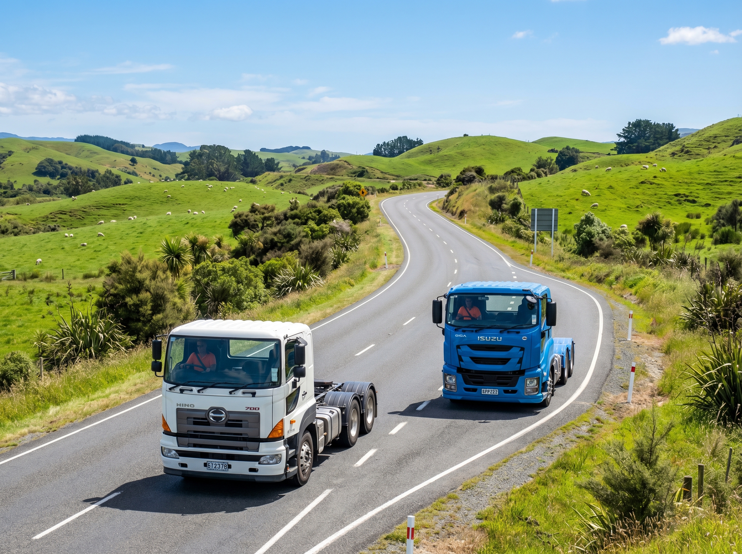 Commercial trucks travelling through New Zealand countryside with live fleet visibility from Ctrack