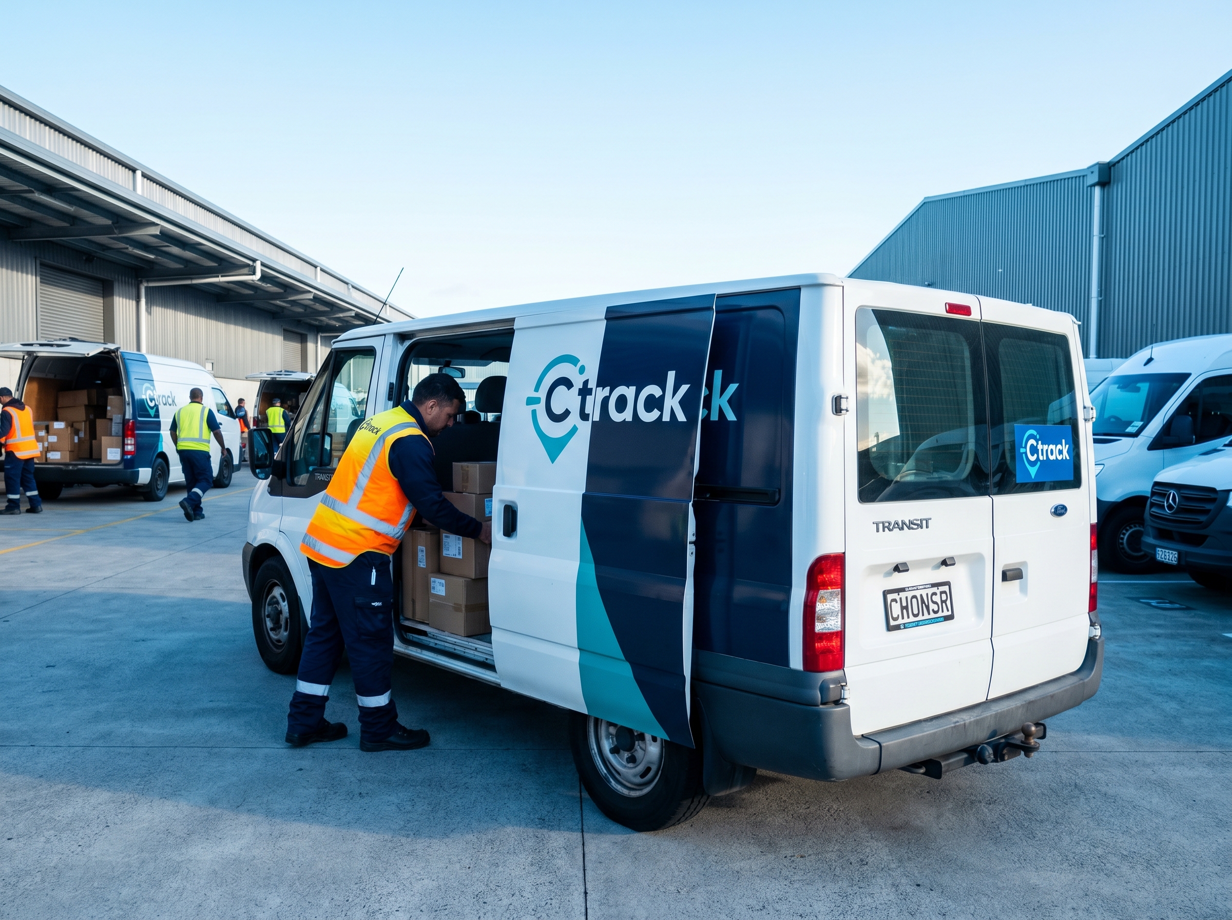 Courier driver loading parcels into a Ctrack-tracked van at an urban New Zealand depot