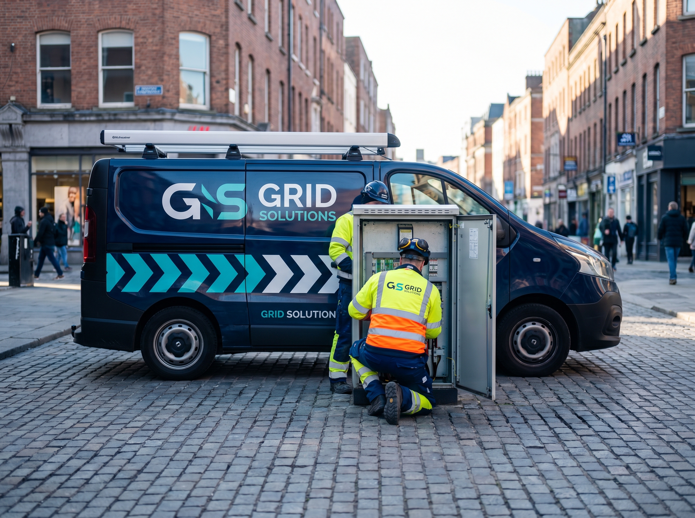Utilities service van parked outside a switchboard cabinet with a technician in hi-vis