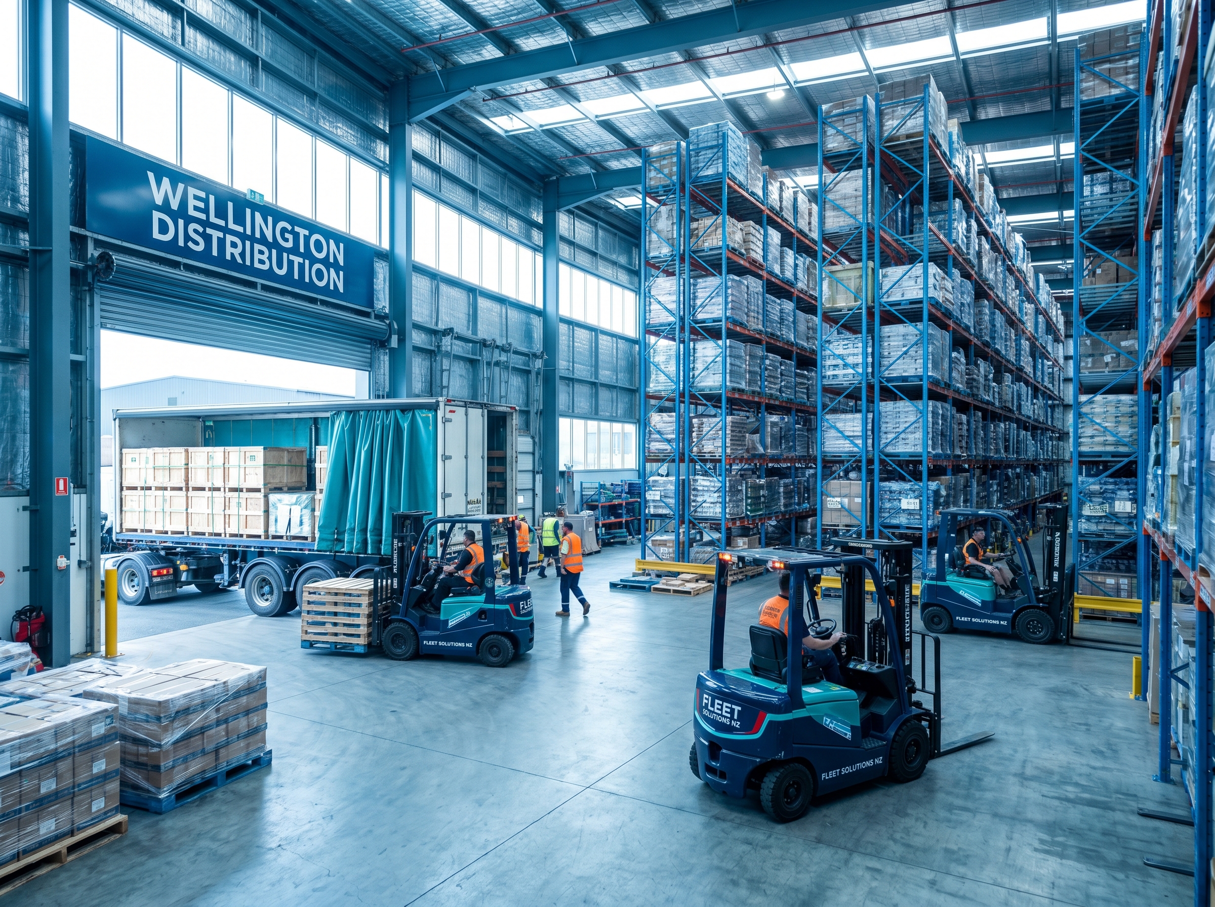 Wide shot of a busy New Zealand warehouse with forklifts, pallet movements and a loading dock door open