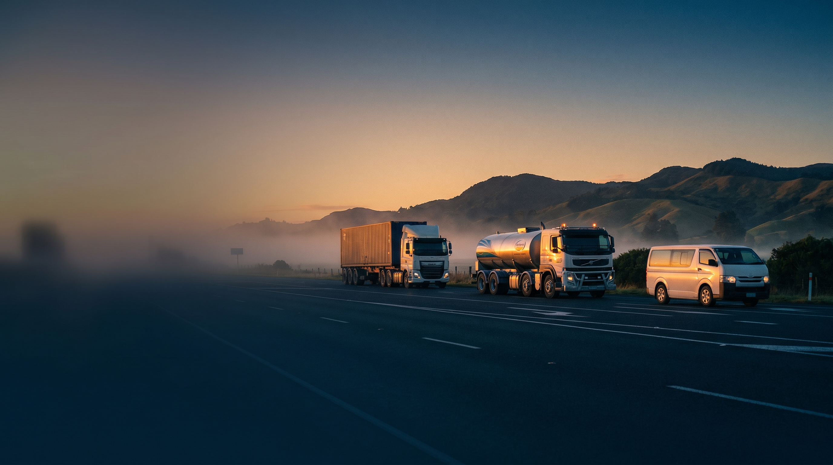 Fleet operations manager at NZ depot office monitoring multiple screens showing integrated Crystal platform data, with Hino and Fuso trucks visible through large windows and green NZ hills beyond