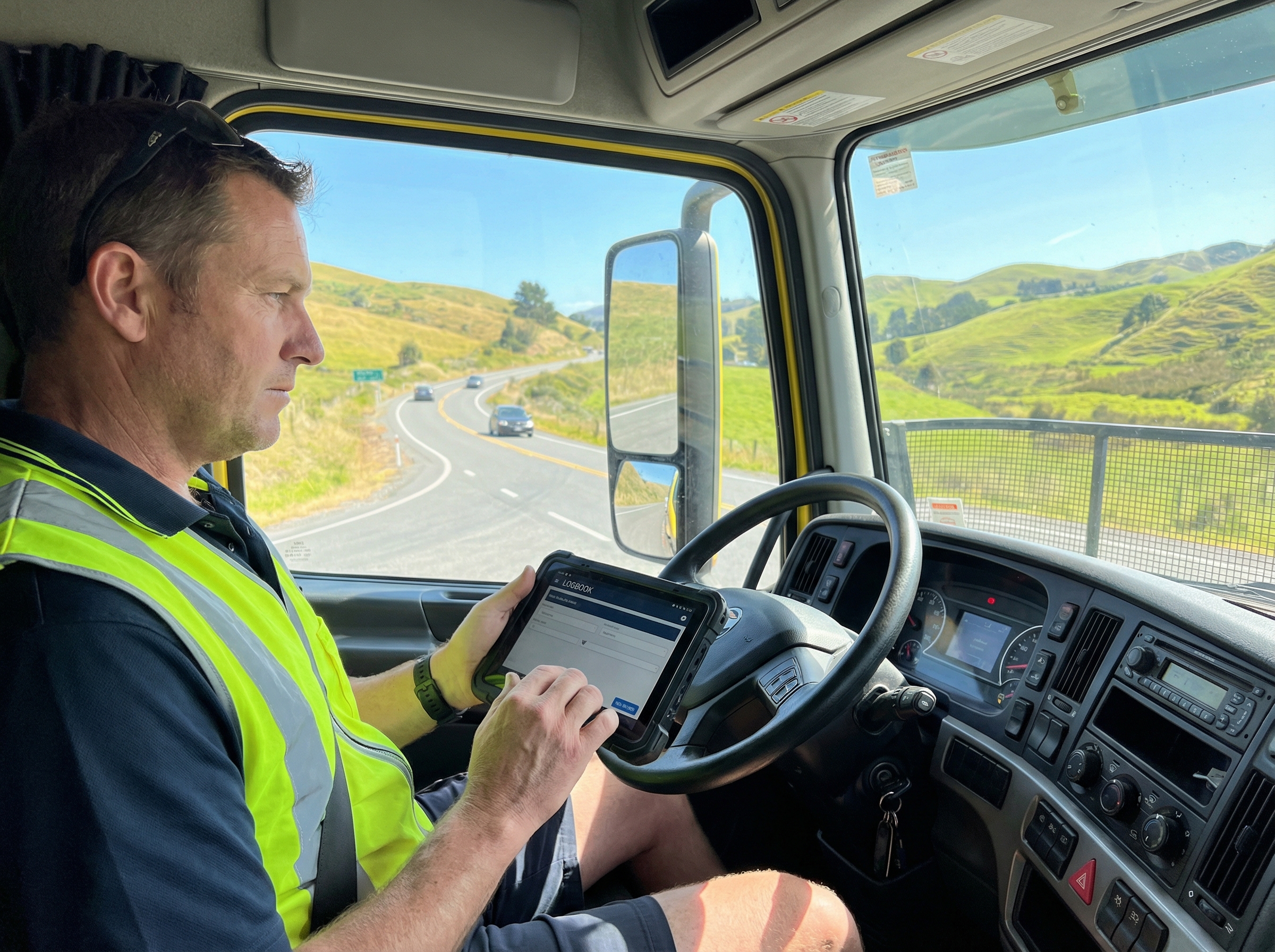 NZ truck driver reviewing compliance documentation supported by Crystal fleet management platform