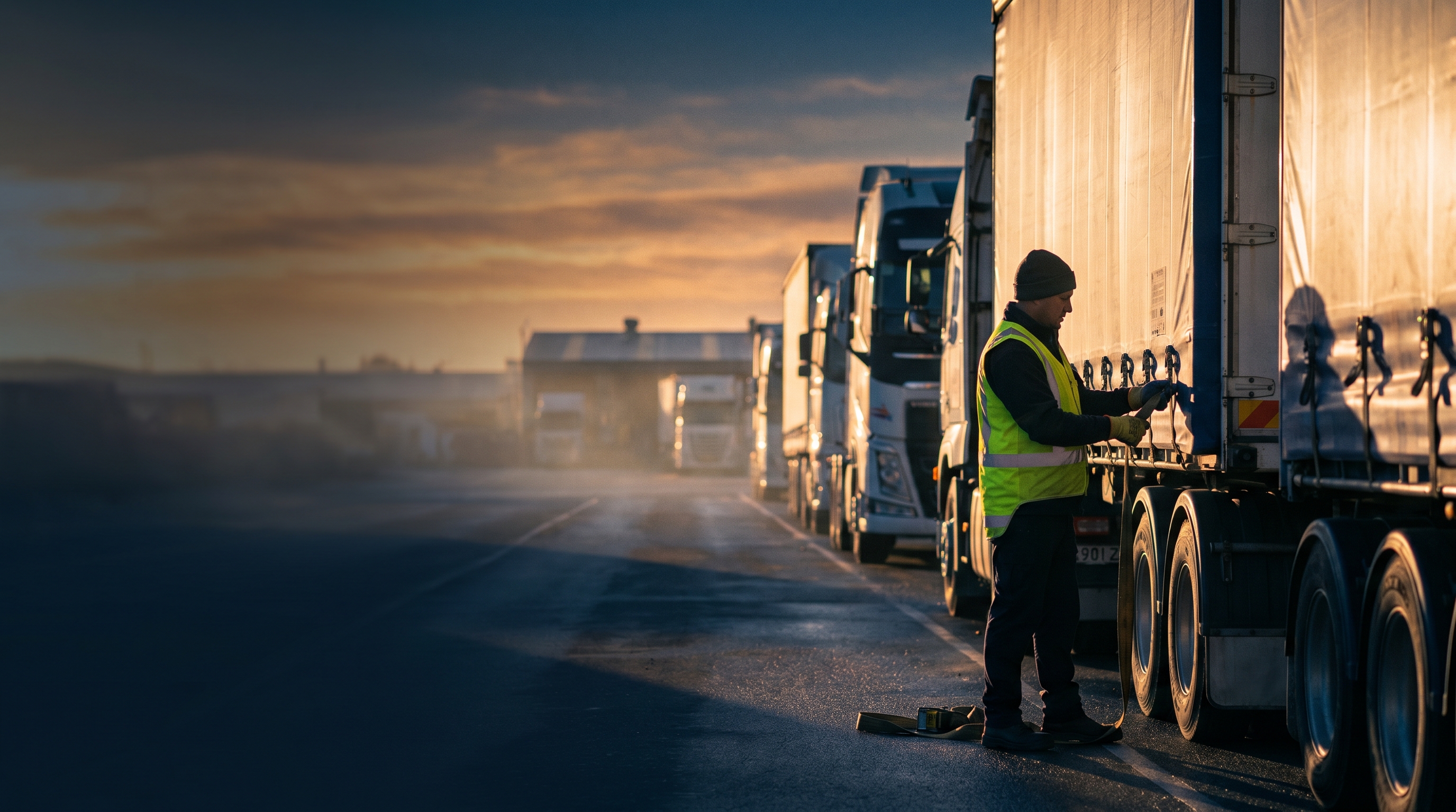 NZ heavy transport fleet at compliance inspection depot with green New Zealand landscape