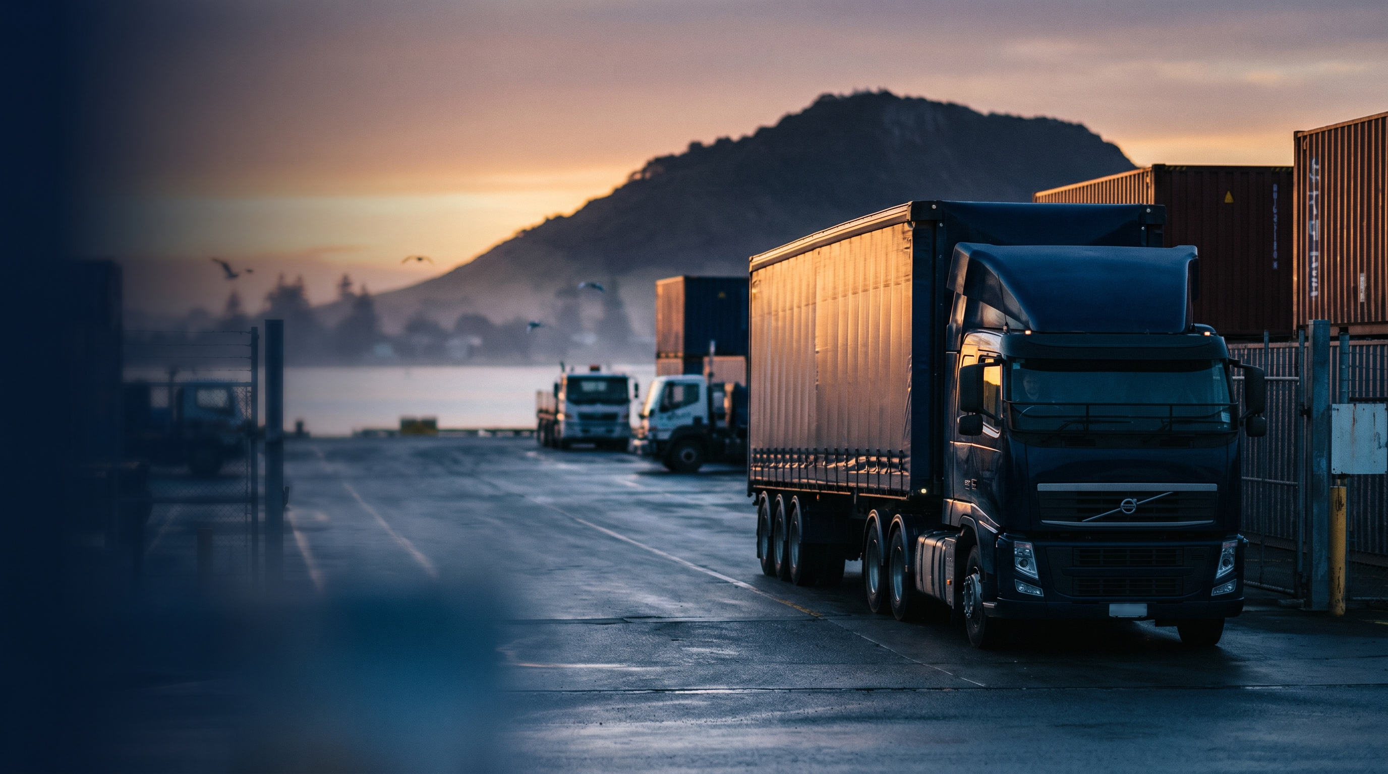 Stacked shipping containers at Port of Tauranga, New Zealand, with a container truck on the port access road and green hills in the background