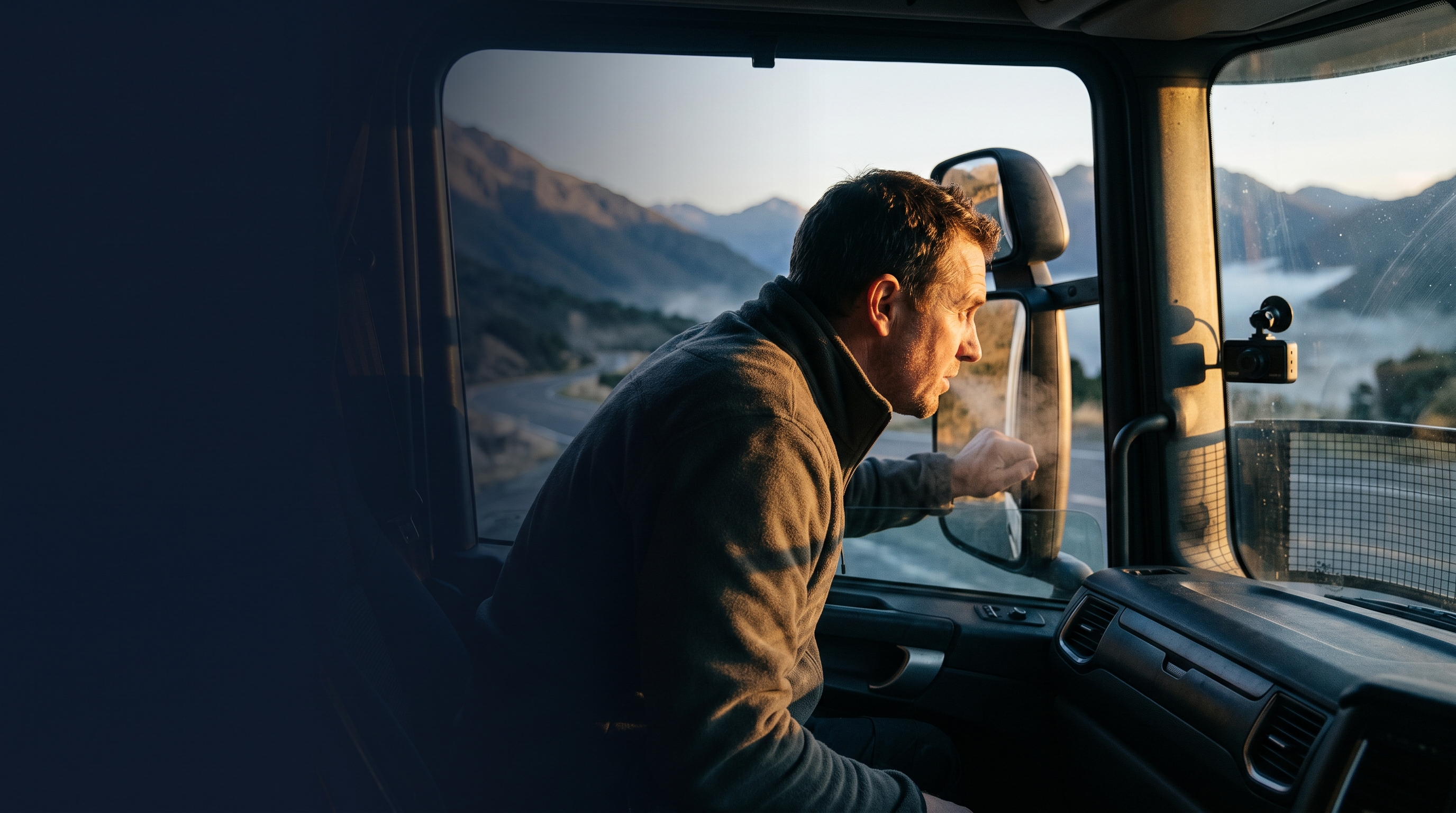 Long-haul truck driving on NZ state highway at dusk with green hills and overcast sky, fatigue detection context