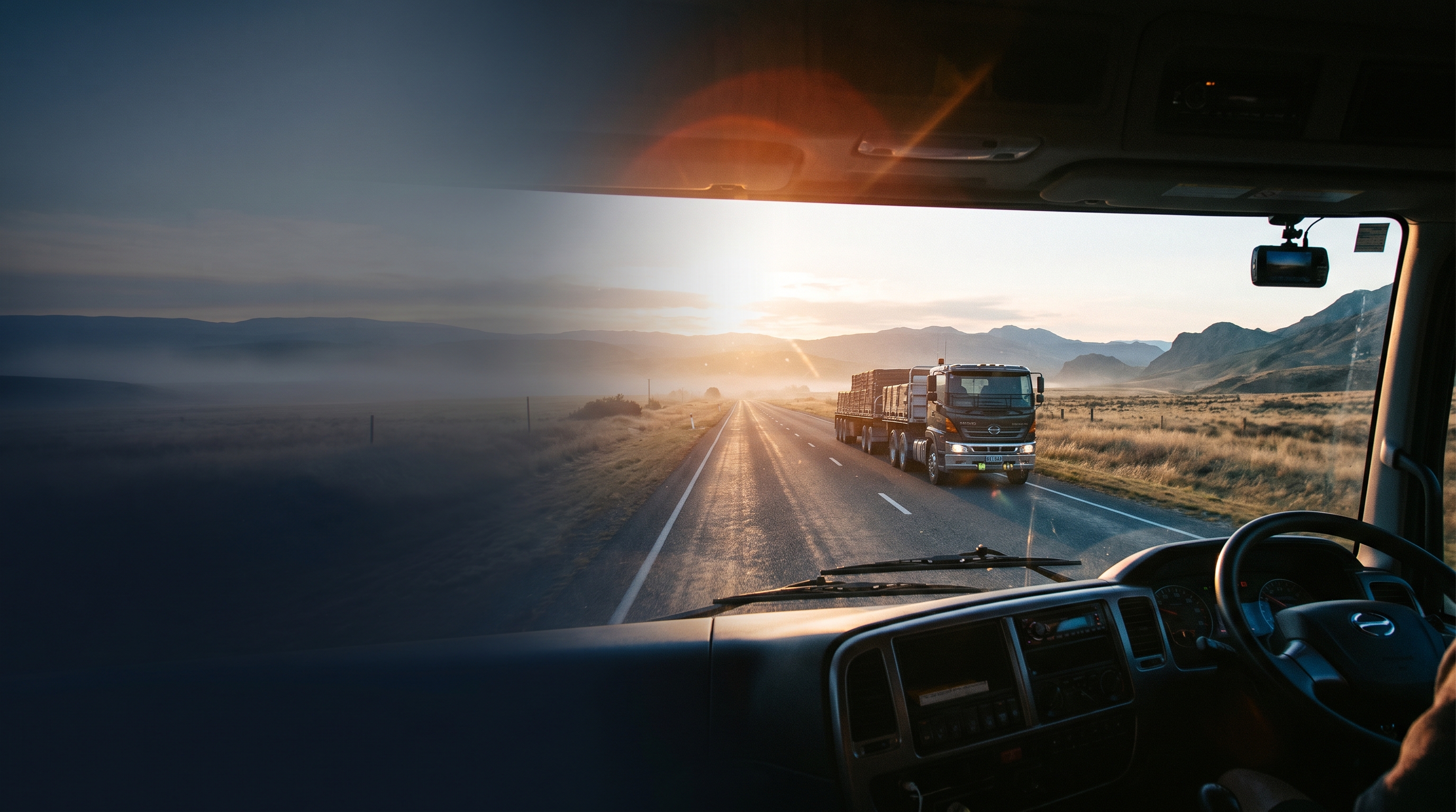 Hino truck driving on a New Zealand state highway with green hills, representing fleet dash cam installation