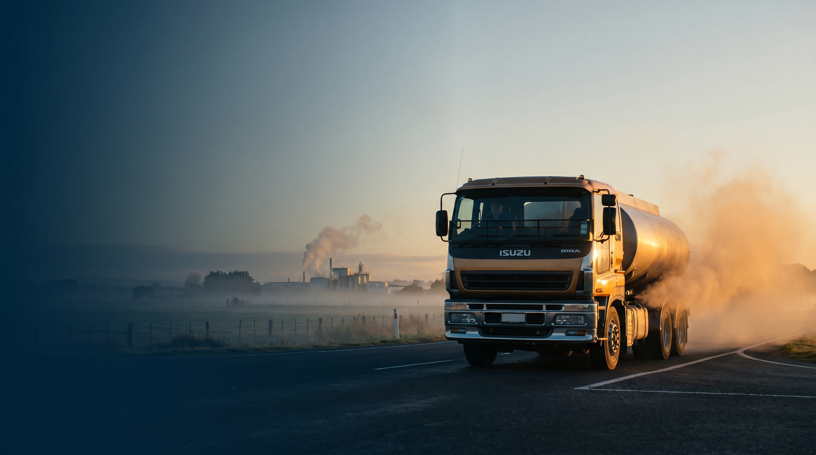 Fleet of trucks moving along a New Zealand state highway through green rolling hills with Ctrack telematics overlay