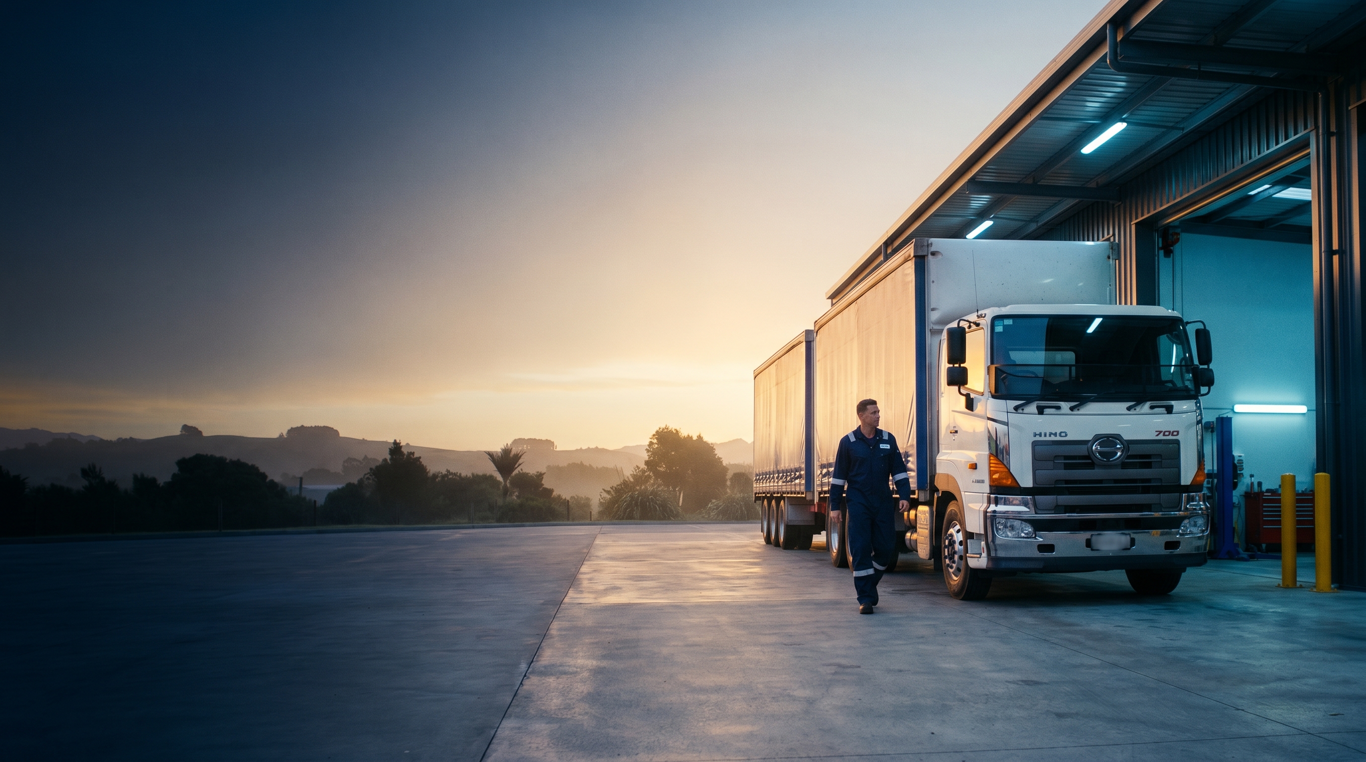 NZ fleet workshop with Hino truck on maintenance lift, mechanic inspecting vehicle undercarriage against backdrop of green rolling New Zealand hills