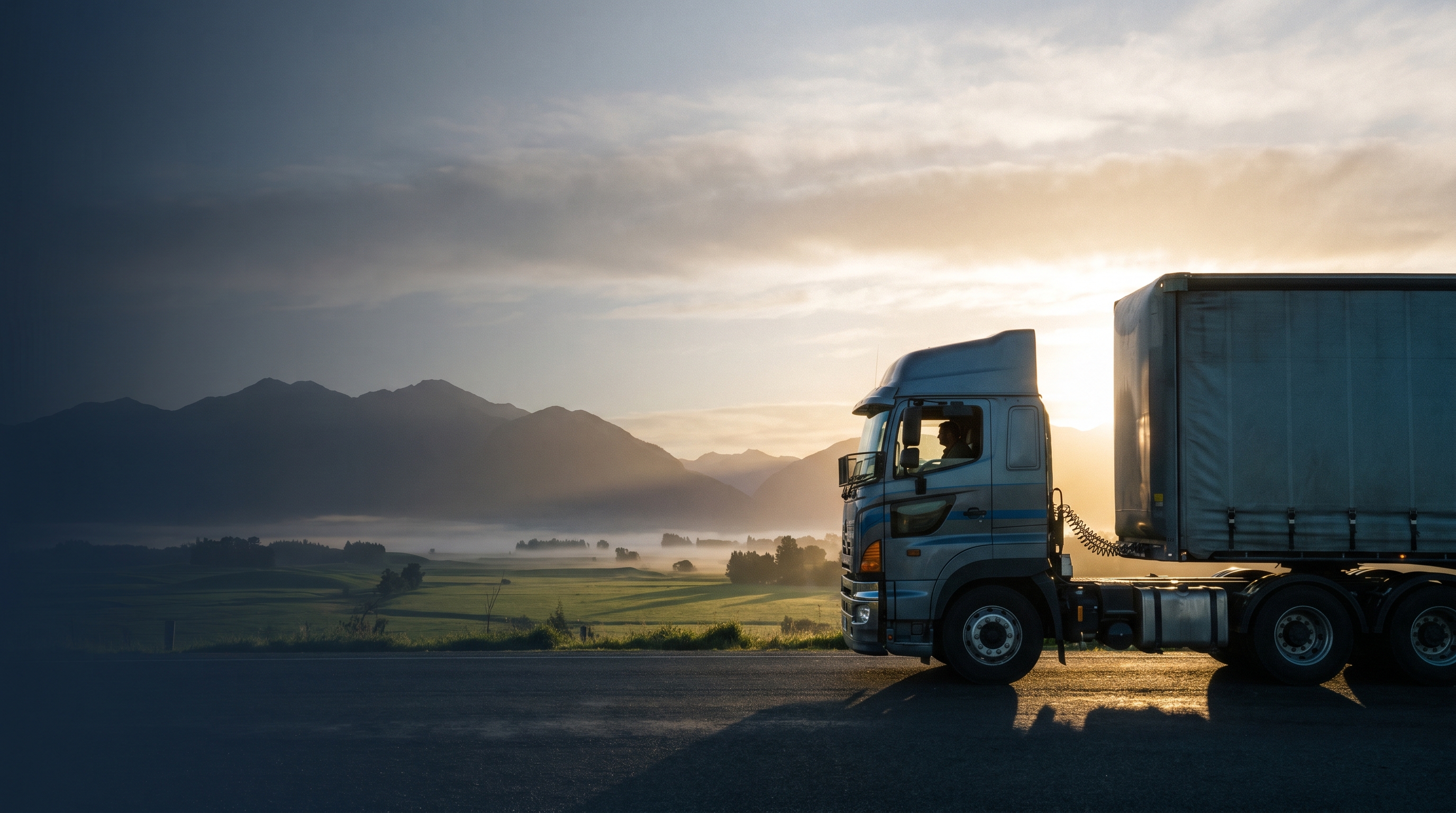 GPS fleet tracking dashboard overlaid on NZ trucks driving along a state highway through green hills