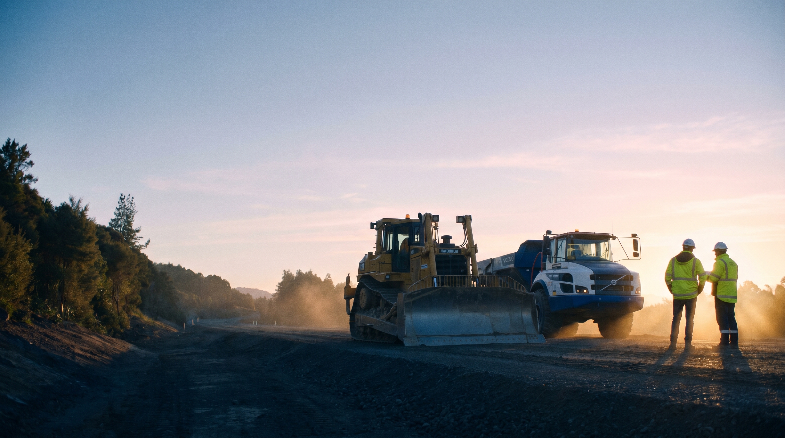 Earthmoving equipment on a NZ construction site with Southern Alps backdrop, tracked by GPS asset tracking
