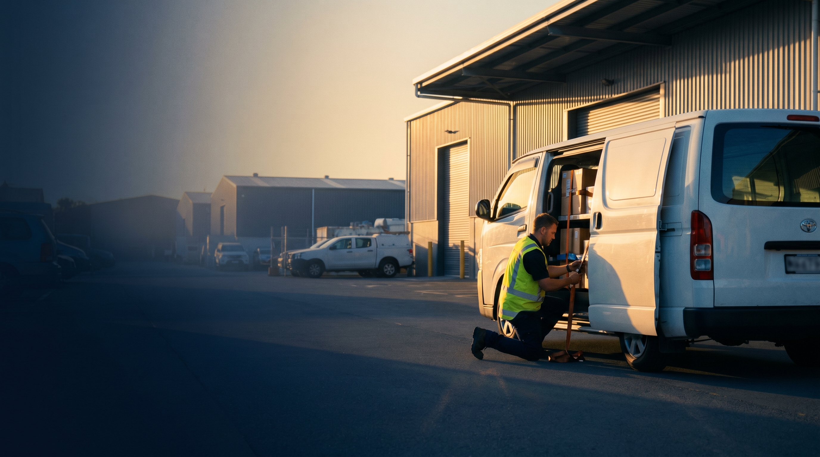 Fleet of service vans departing a NZ commercial depot at sunrise, green rolling hills in background