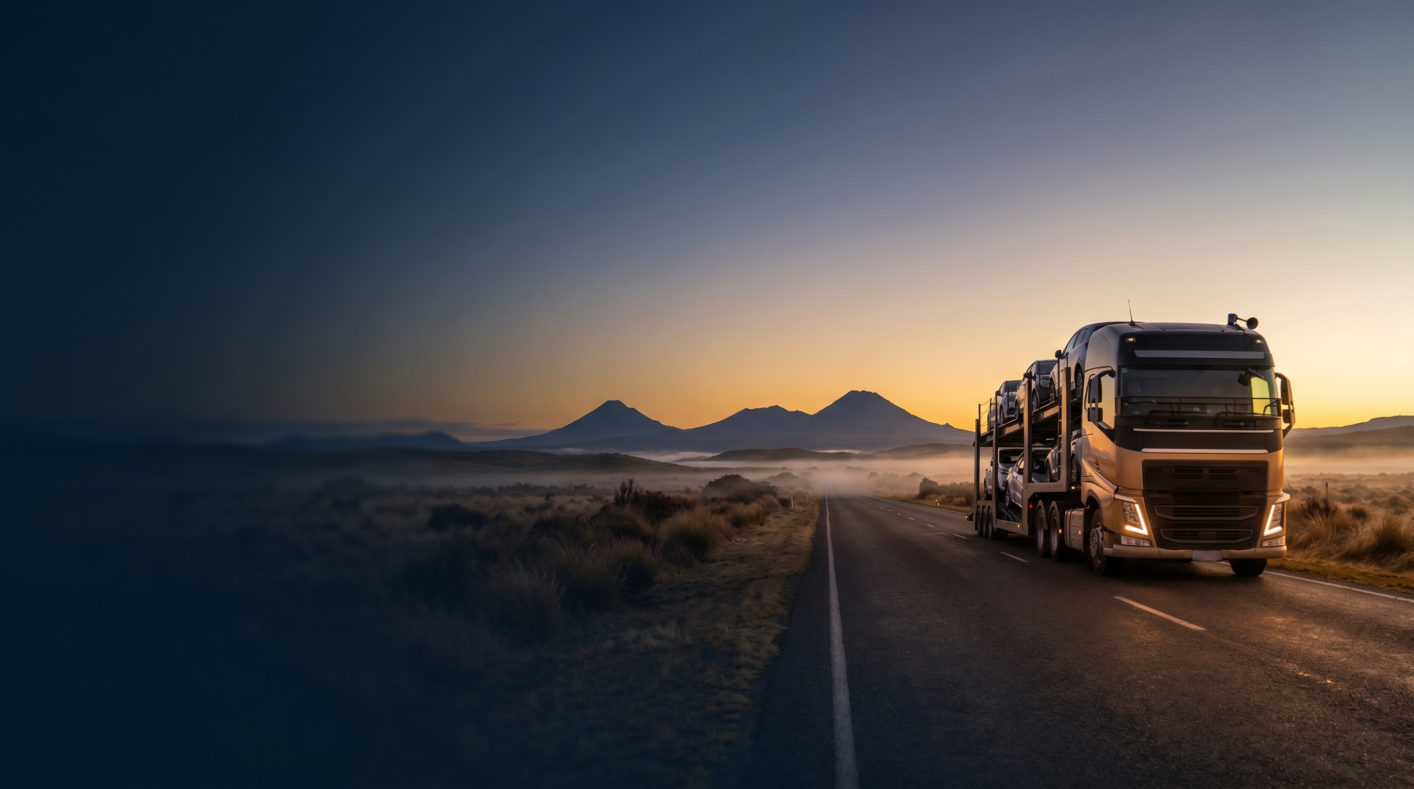 Commercial van with roof-mounted fleet cameras on a New Zealand coastal state highway at golden hour sunset