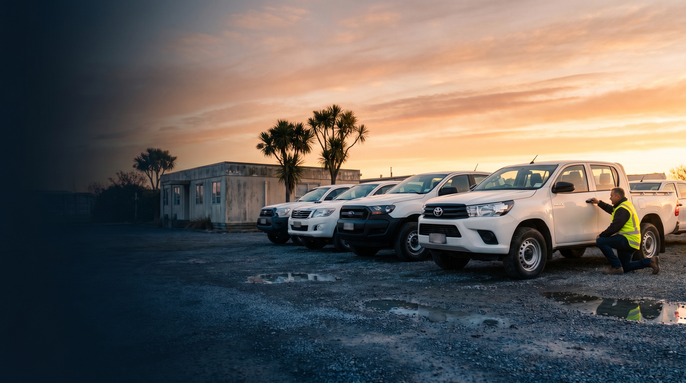 NZ corporate pool fleet vehicles parked in an urban office car park with Auckland CBD visible in the background