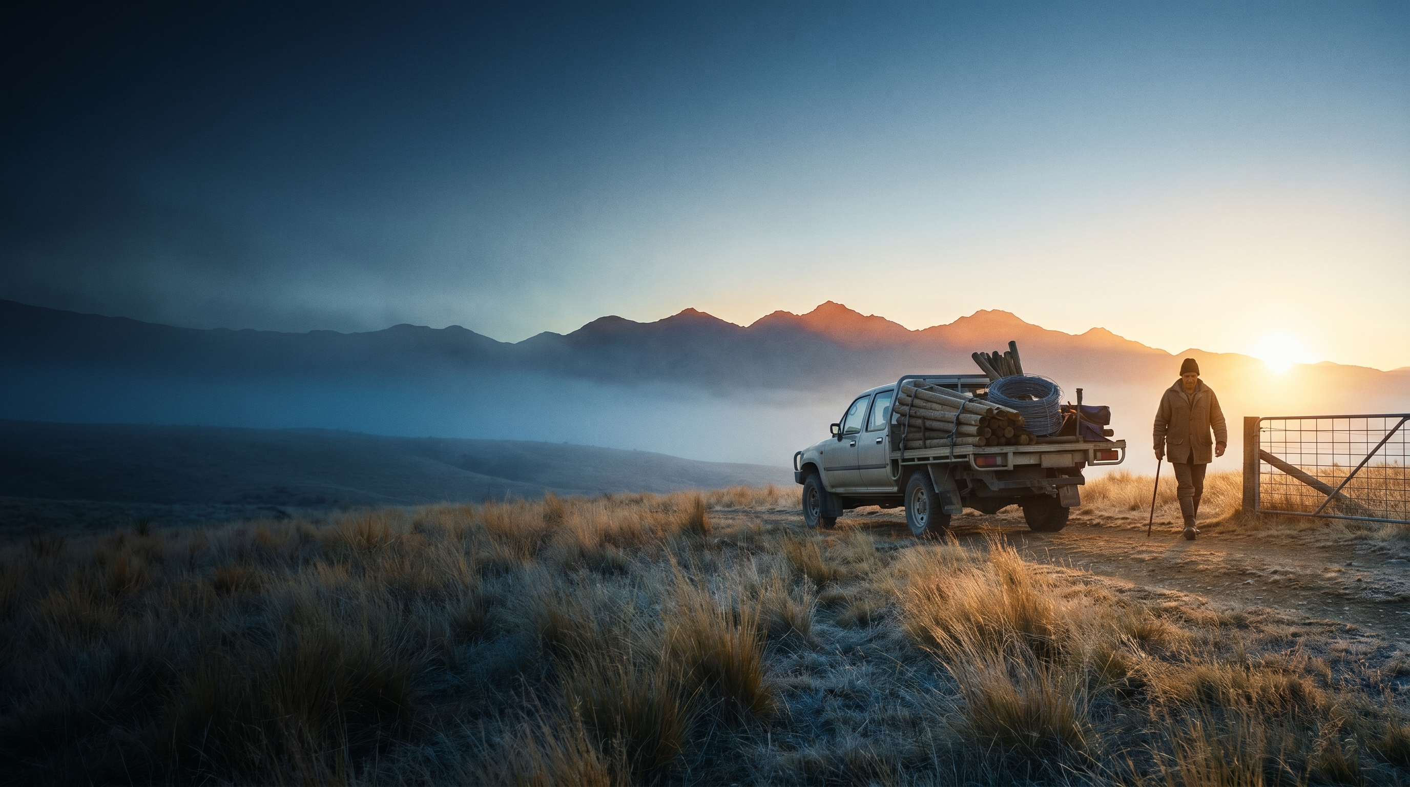 Remote NZ fleet vehicles on a gravel road at sunset, Southern Alps mountain terrain visible in background