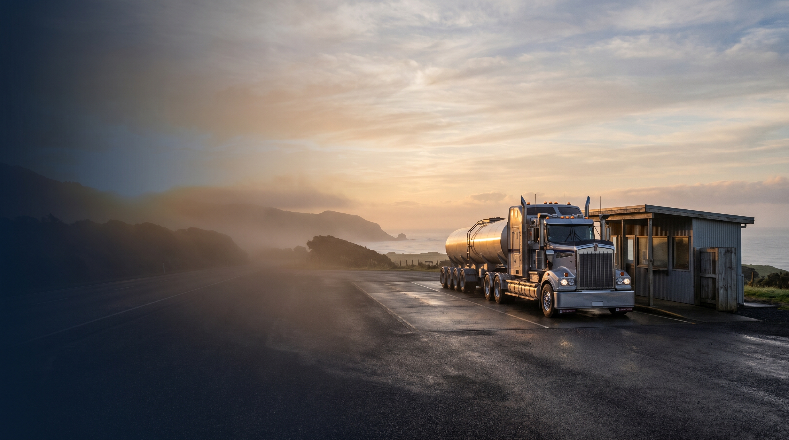 NZ diesel truck fleet on state highway through green rolling hills with GPS tracking overlay