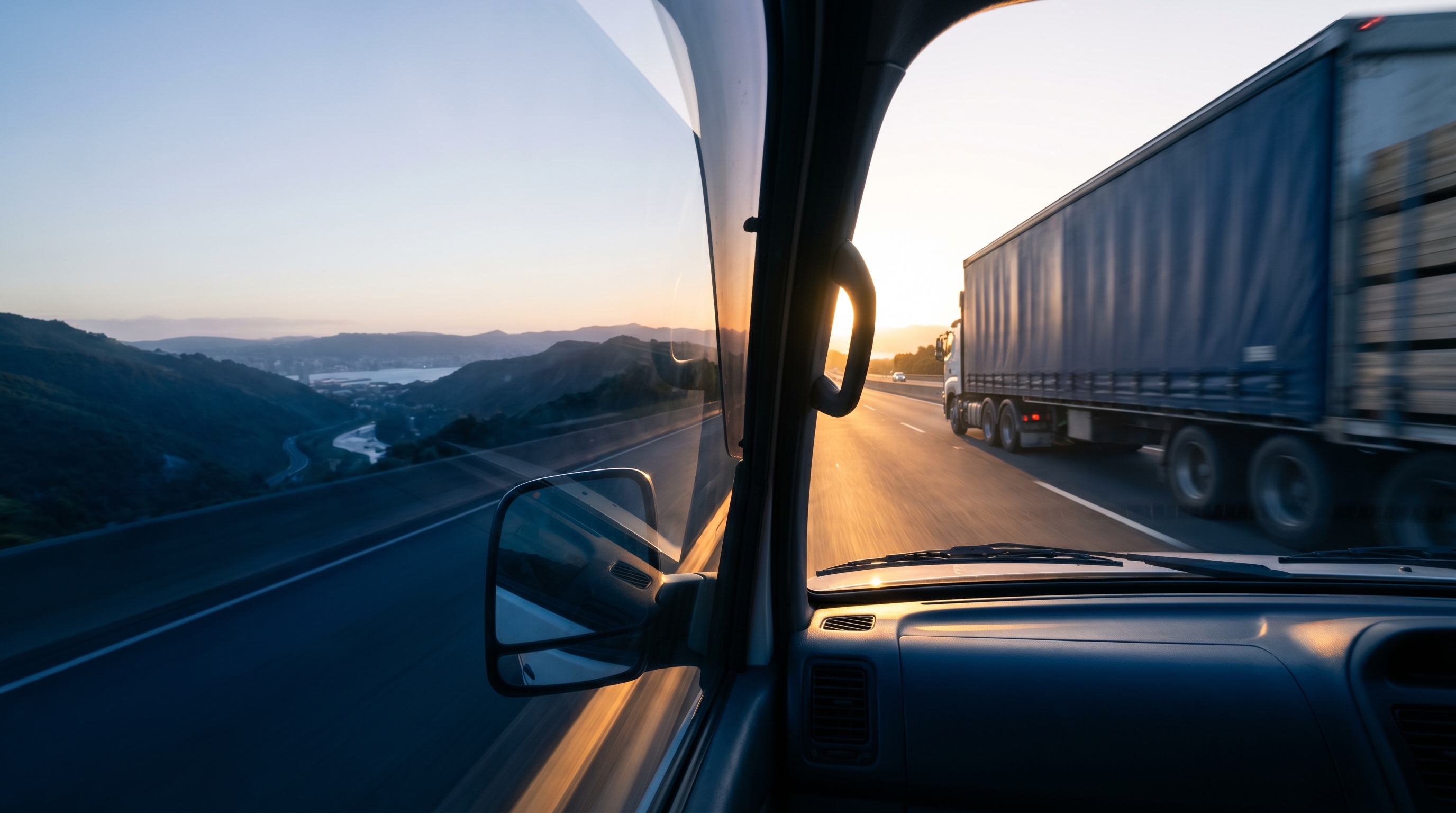 Fleet trucks on New Zealand state highway through green rolling hills, route optimisation GPS tracking context