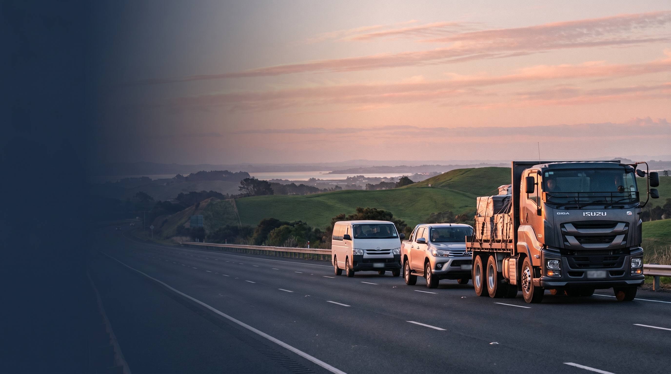 Aerial view of NZ trucks on State Highway 1 through rolling green New Zealand hills, Crystal GPS fleet management platform dashboard overlay showing live vehicle locations