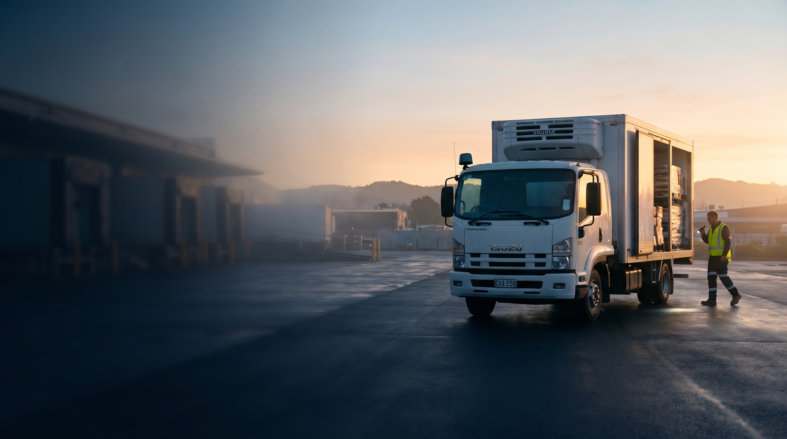 Commercial fleet vehicles on a NZ state highway at sunrise with green rolling hills backdrop
