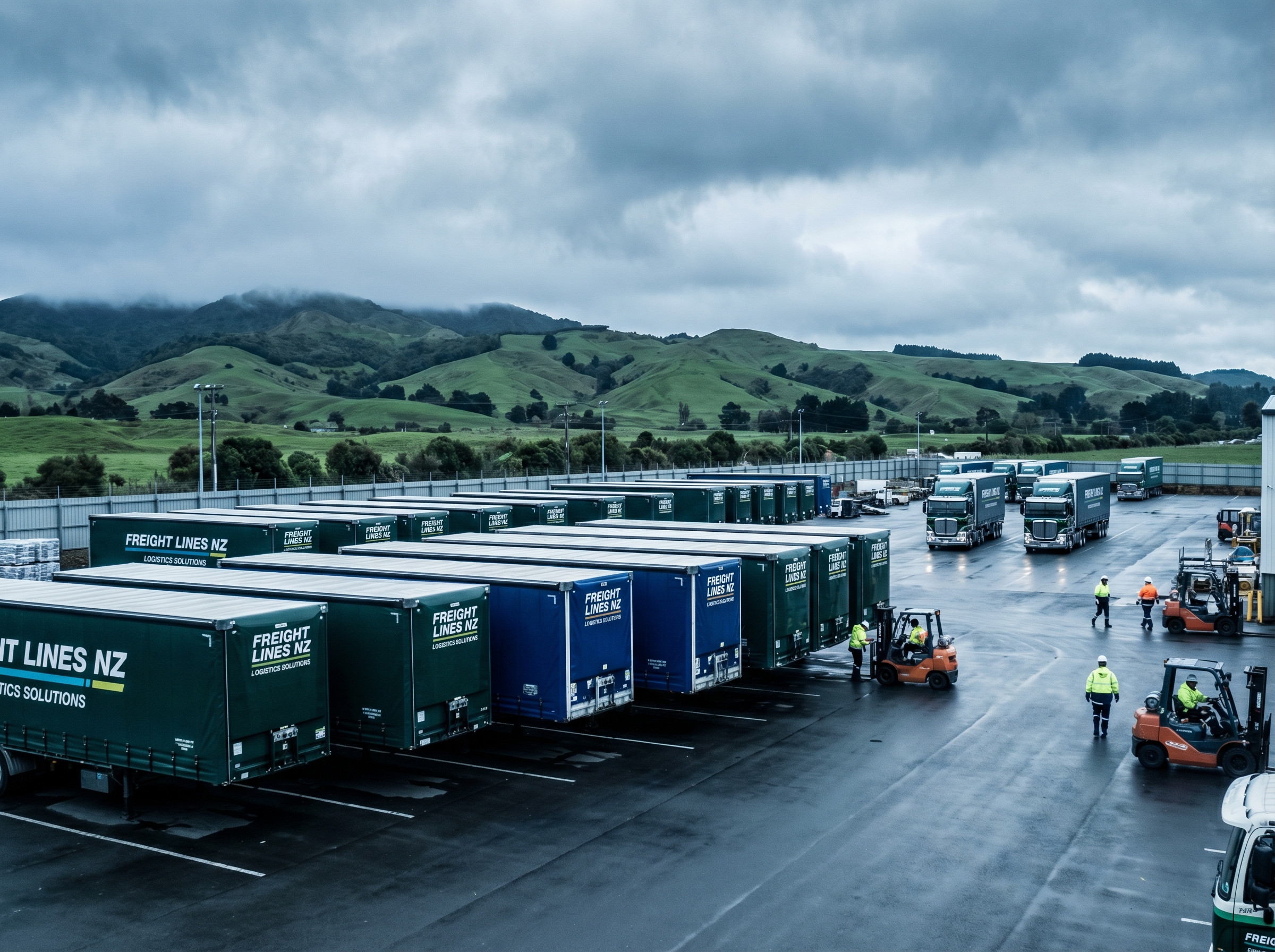 Hino curtainsider truck with GPS-tracked trailer on a New Zealand state highway through green rolling hills